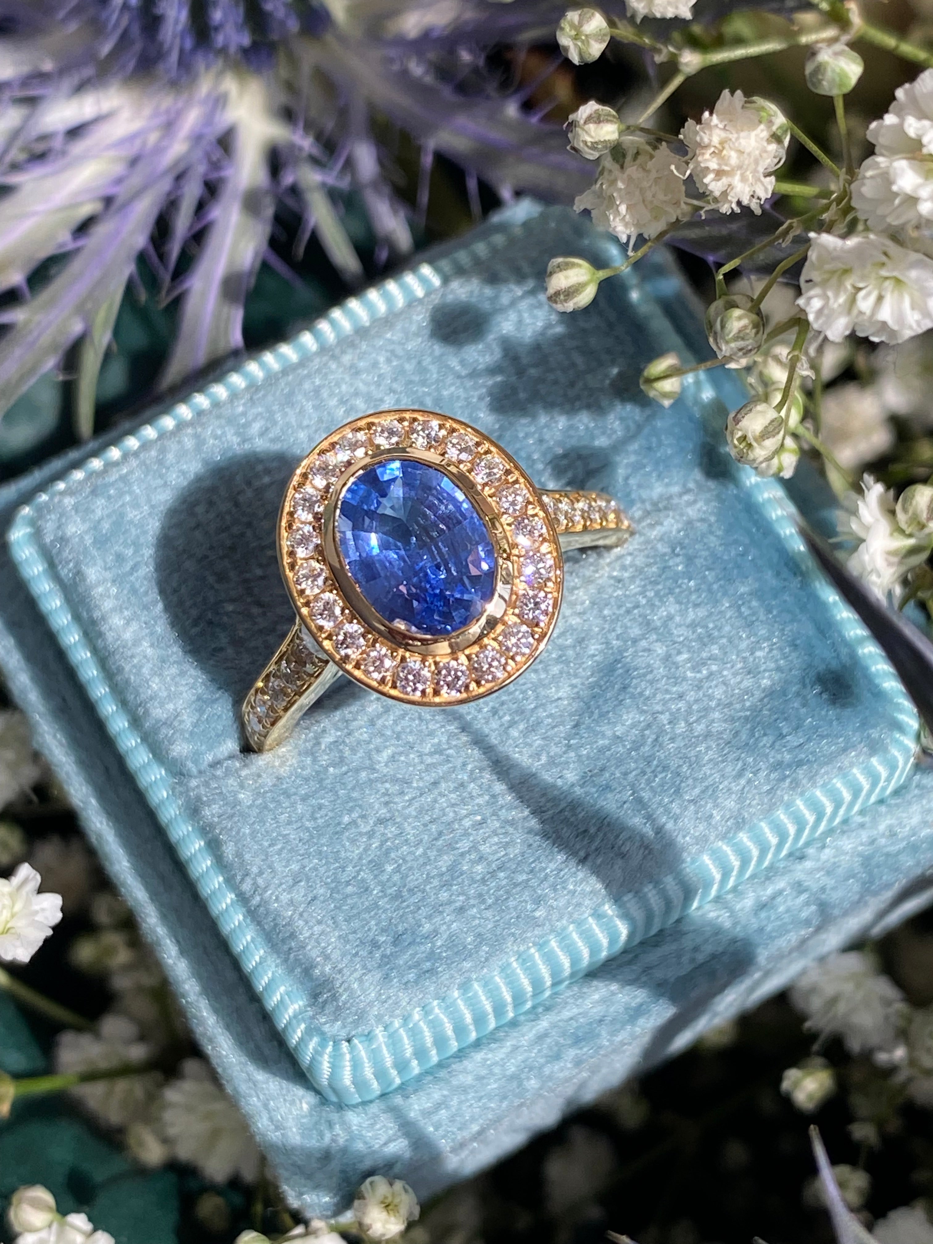 1.64 CTW Violet Sapphire and Natural Diamond Halo Ring in 18ct Yellow Gold