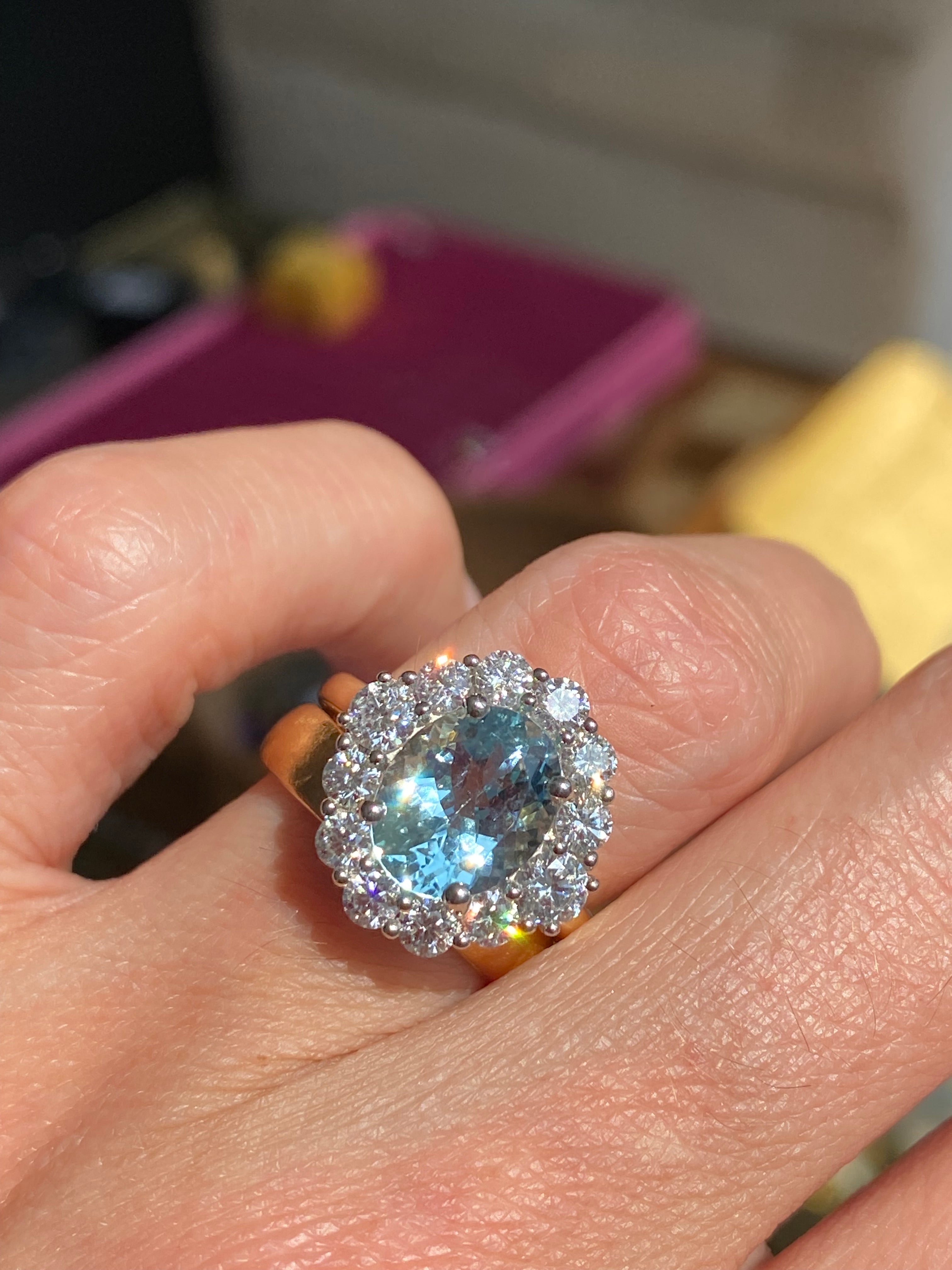 3.53 CTW Aquamarine and Natural Diamond Halo Ring in Platinum and 18ct Yellow Gold
