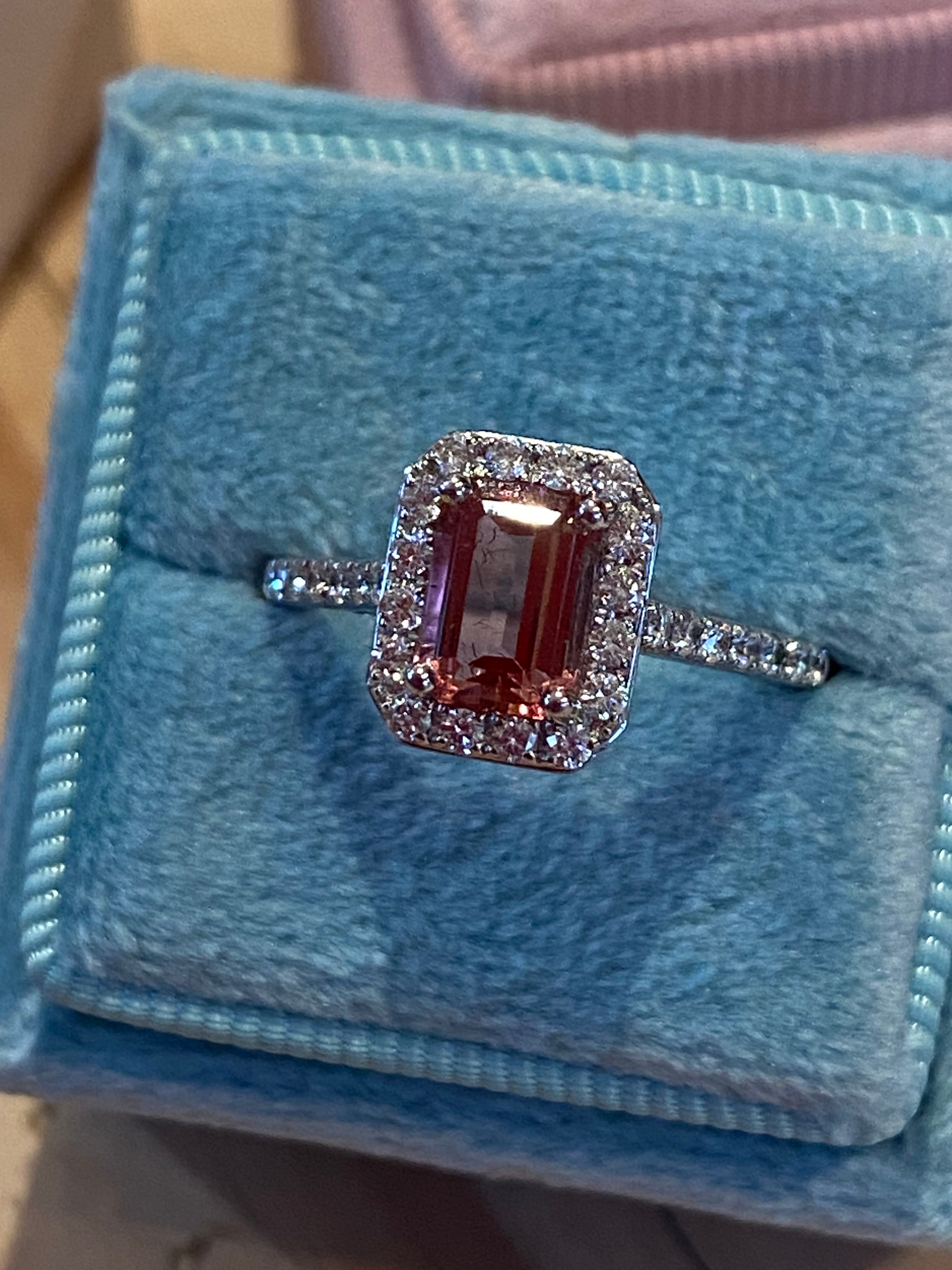 1.42 CTW Emerald Cut Pink Tourmaline and Natural Diamond Halo Ring in Platinum