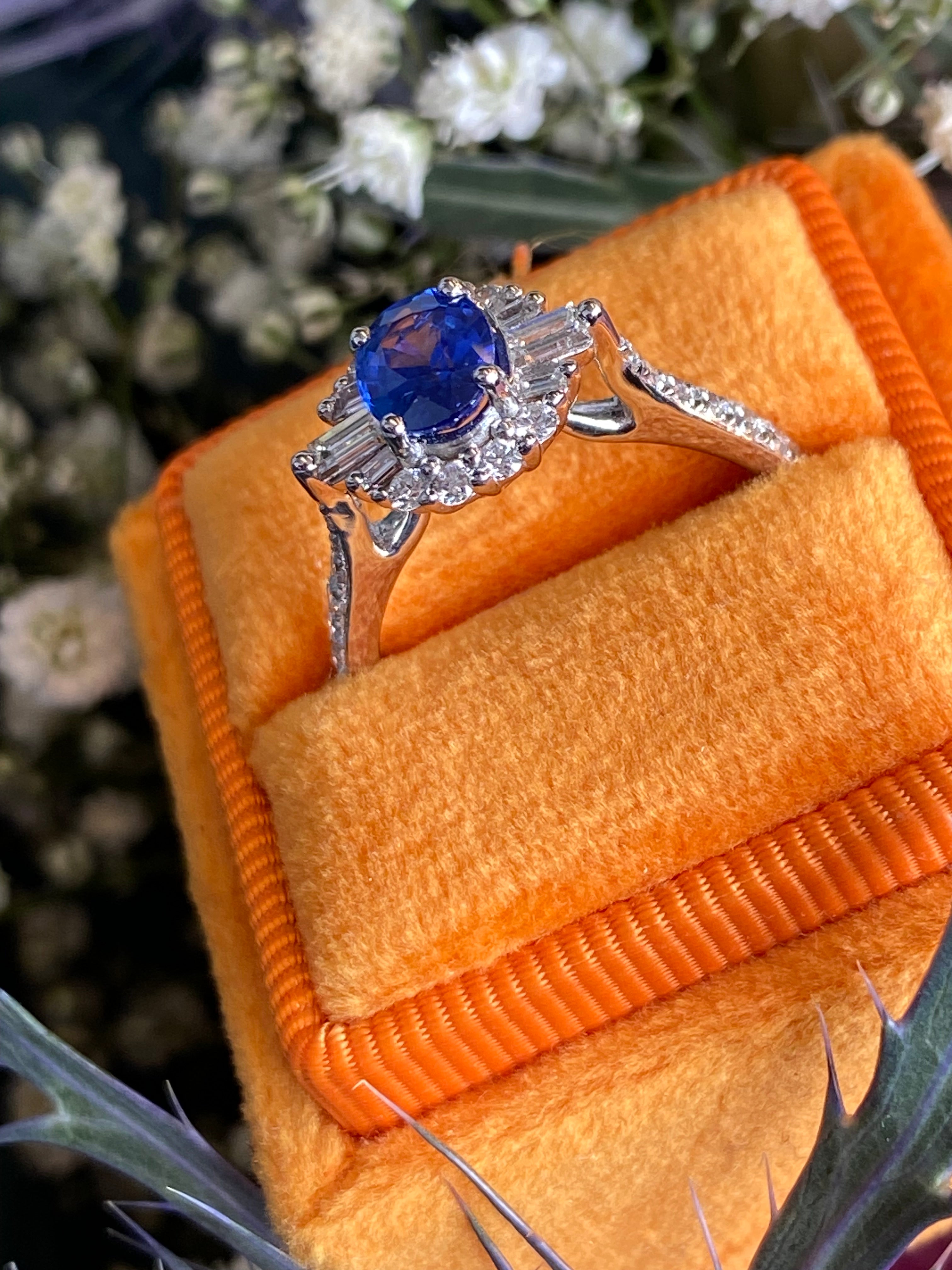 1.58 CTW Blue Ceylon Sapphire and Natural Diamond Halo Ring in Platinum
