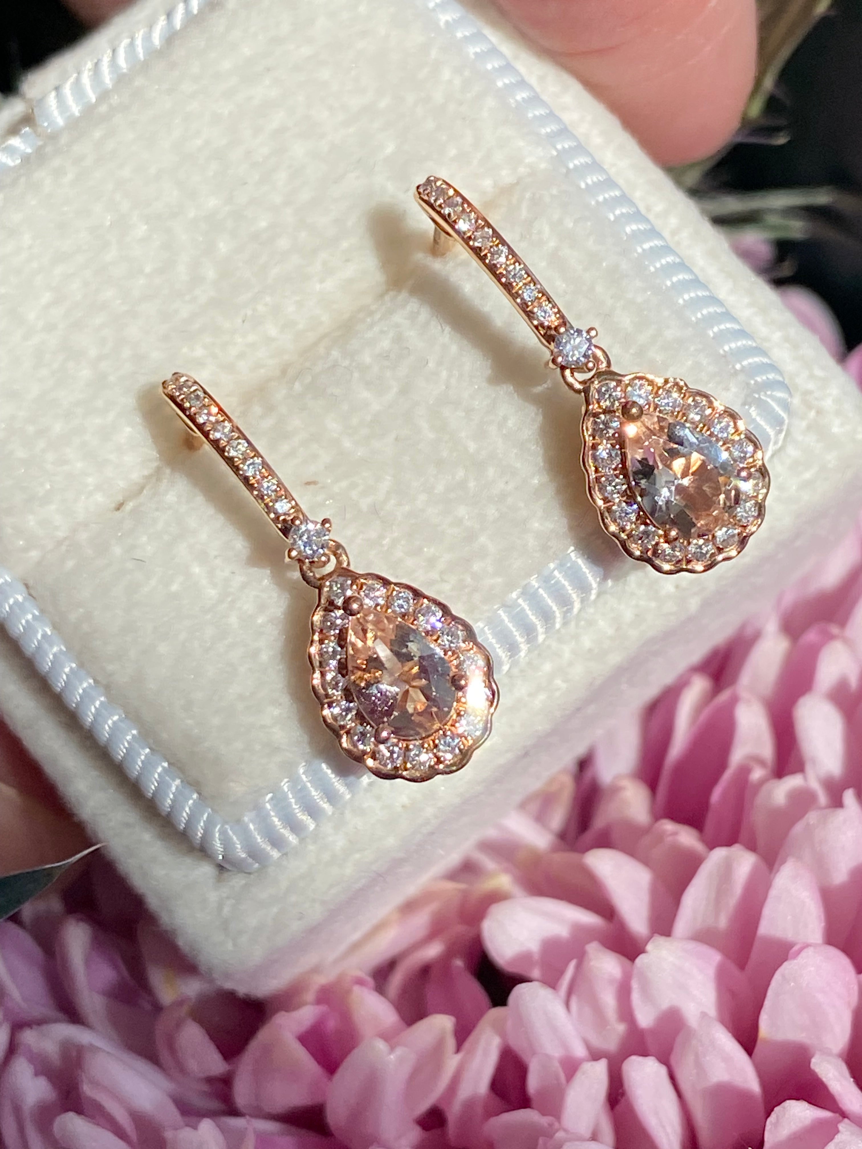 Beautiful Pear Cut Morganite and Natural Diamond Drop Earrings in 18ct Rose Gold