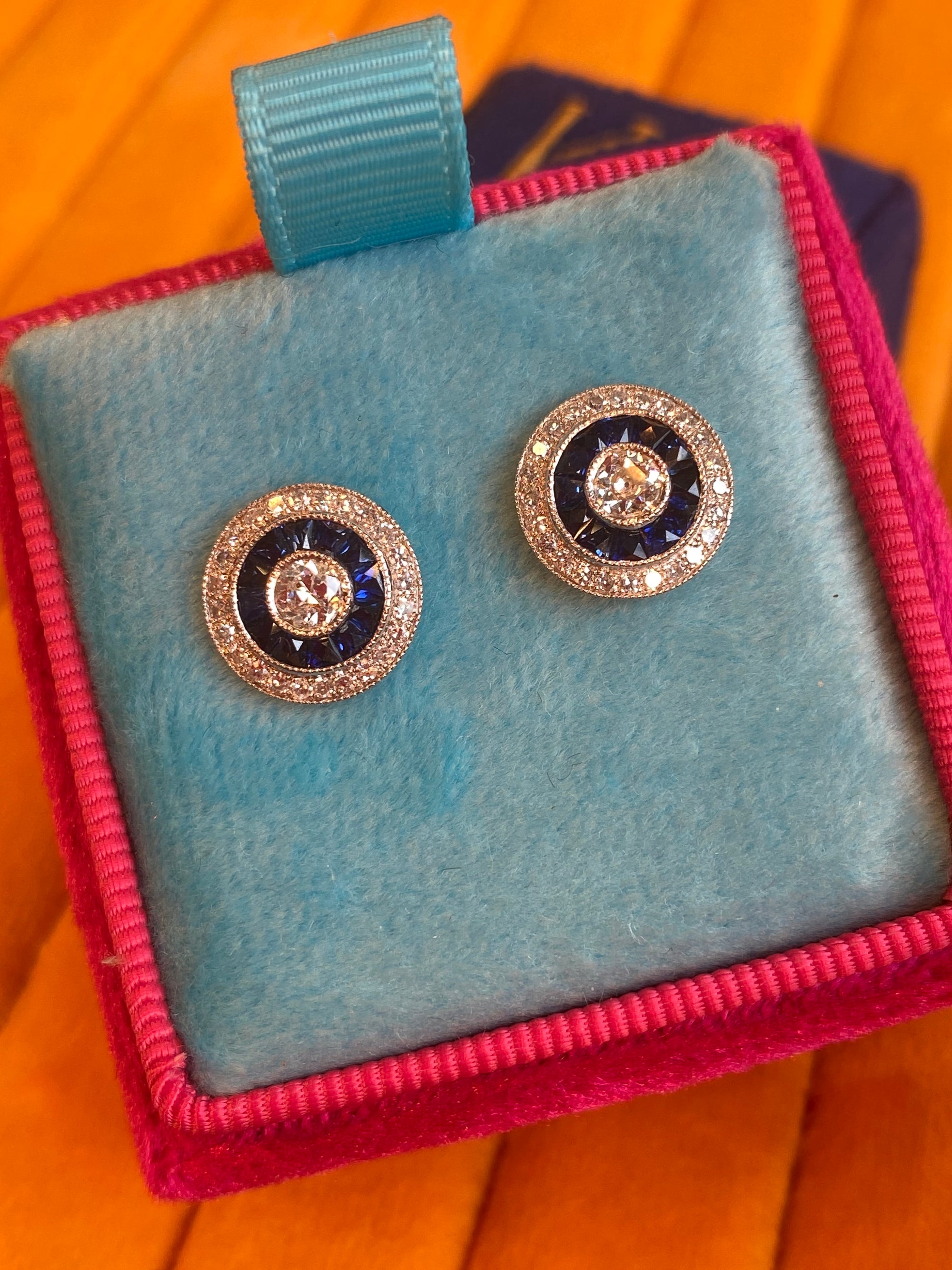 2.00ctw Old Cut Diamond and Sapphire Target Halo Earrings in 18ct Gold