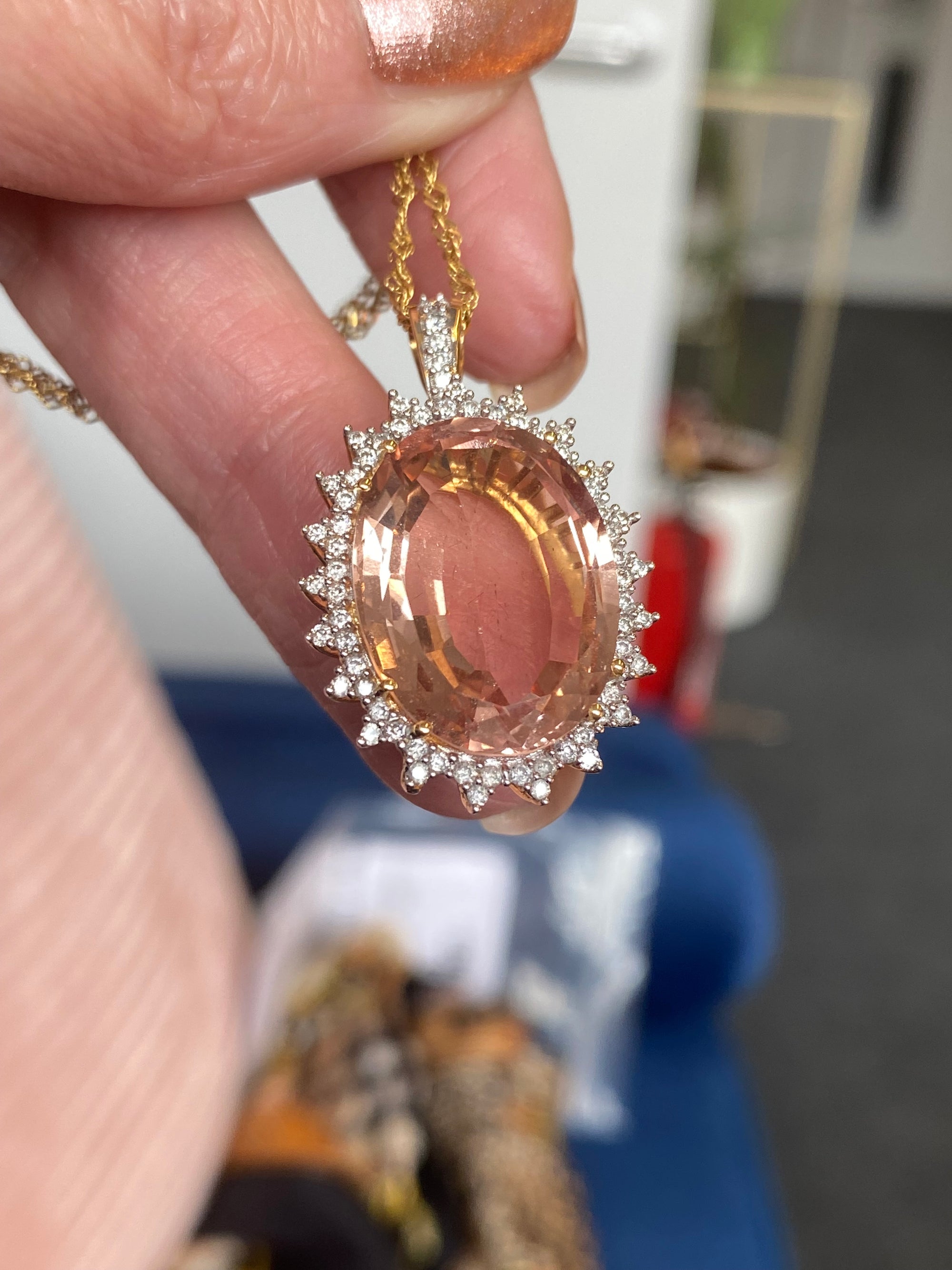 15.00 Carat Morganite and Diamond Pendant Necklace in 18ct Yellow Gold