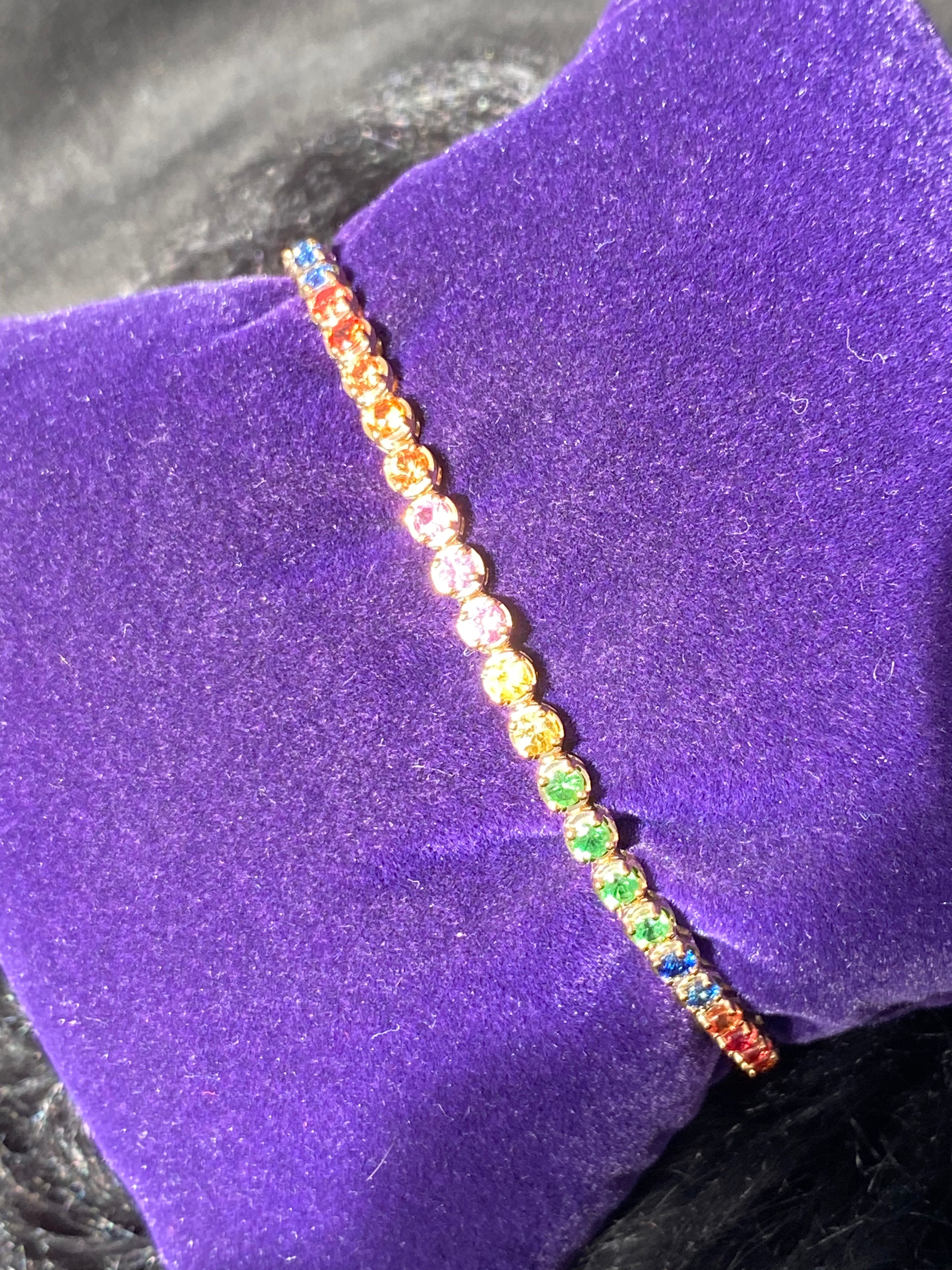 4.13 CTW Multicoloured Rainbow Ceylon Sapphire Line Bracelet in 9ct Yellow Gold