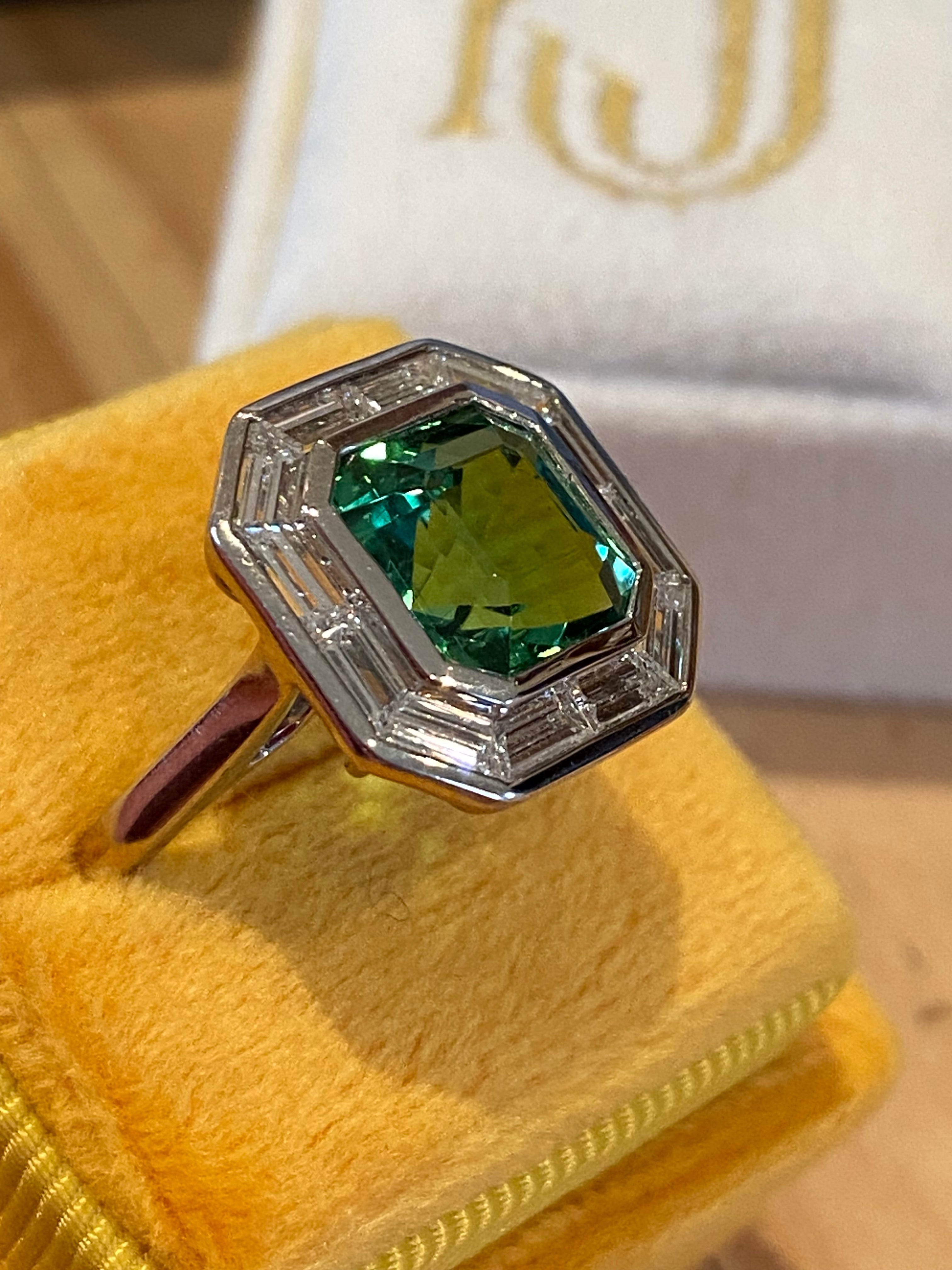 3.98 Carat Mint Tourmaline and 1.15ctw Natural Diamond Ring in Platinum