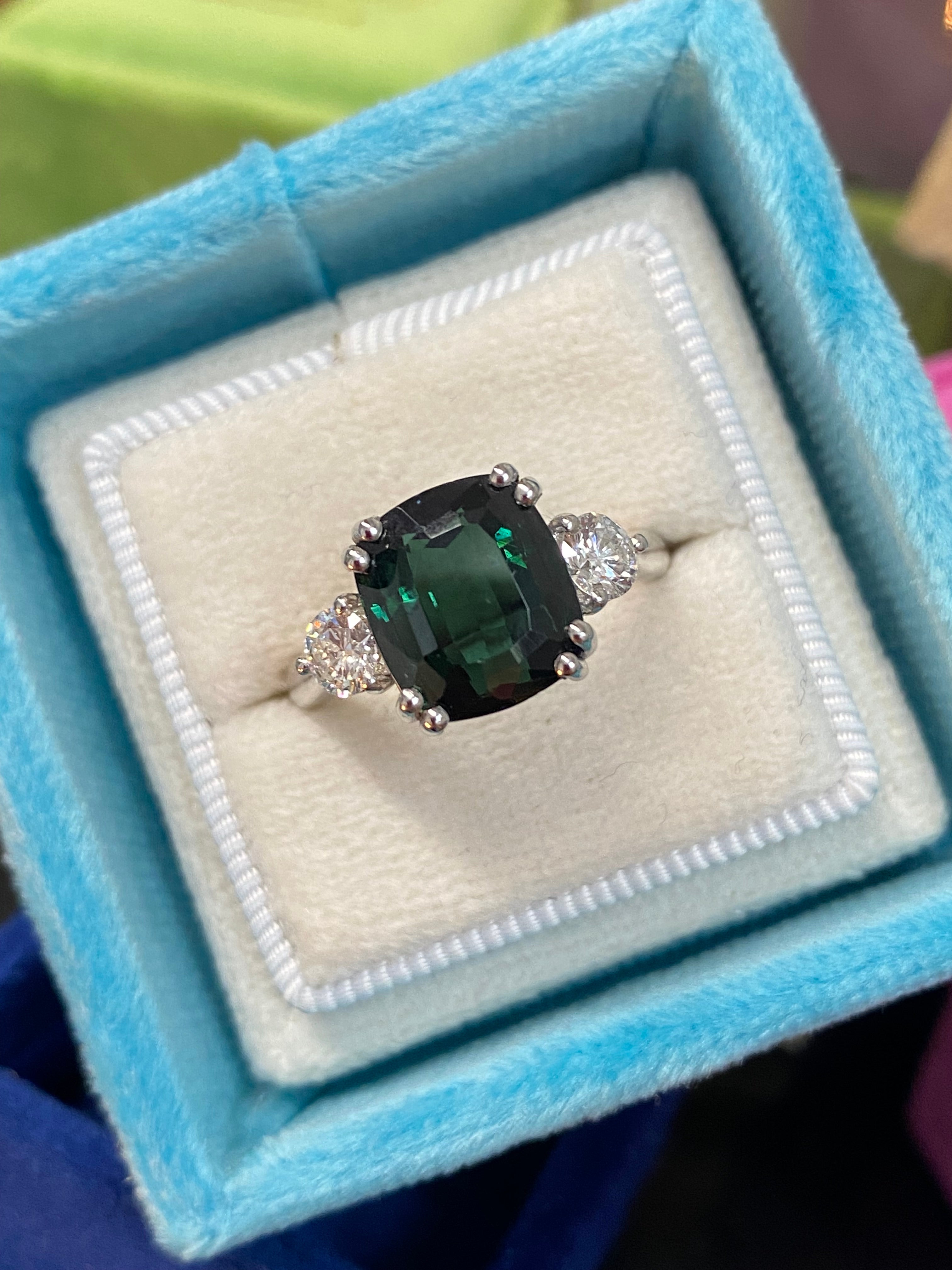 3.97 Carat Green Tourmaline and Natural Diamond Ring in Platinum