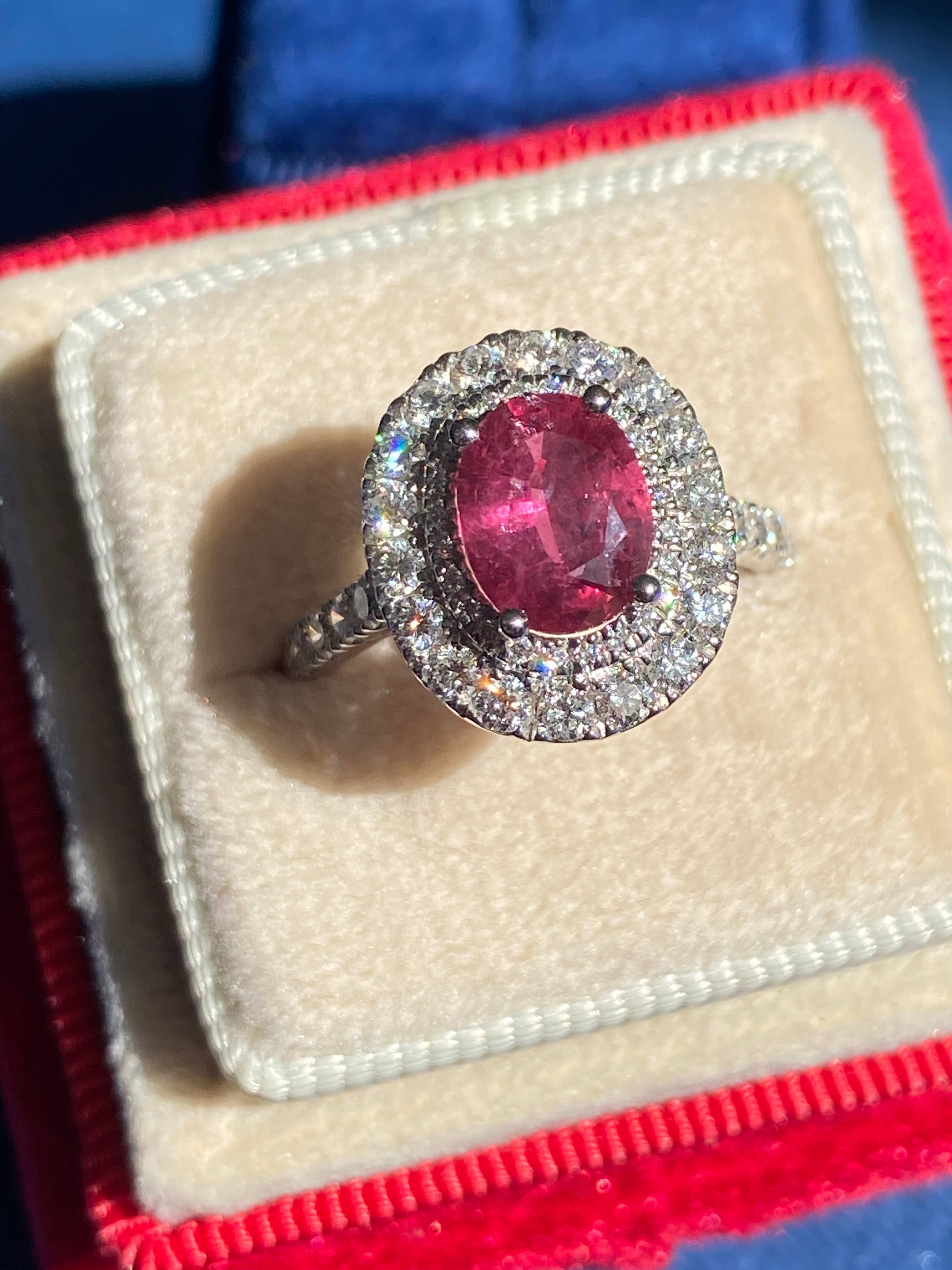 2.56 CTW Oval-Cut Ruby and Natural Diamond Double Halo Ring in Platinum