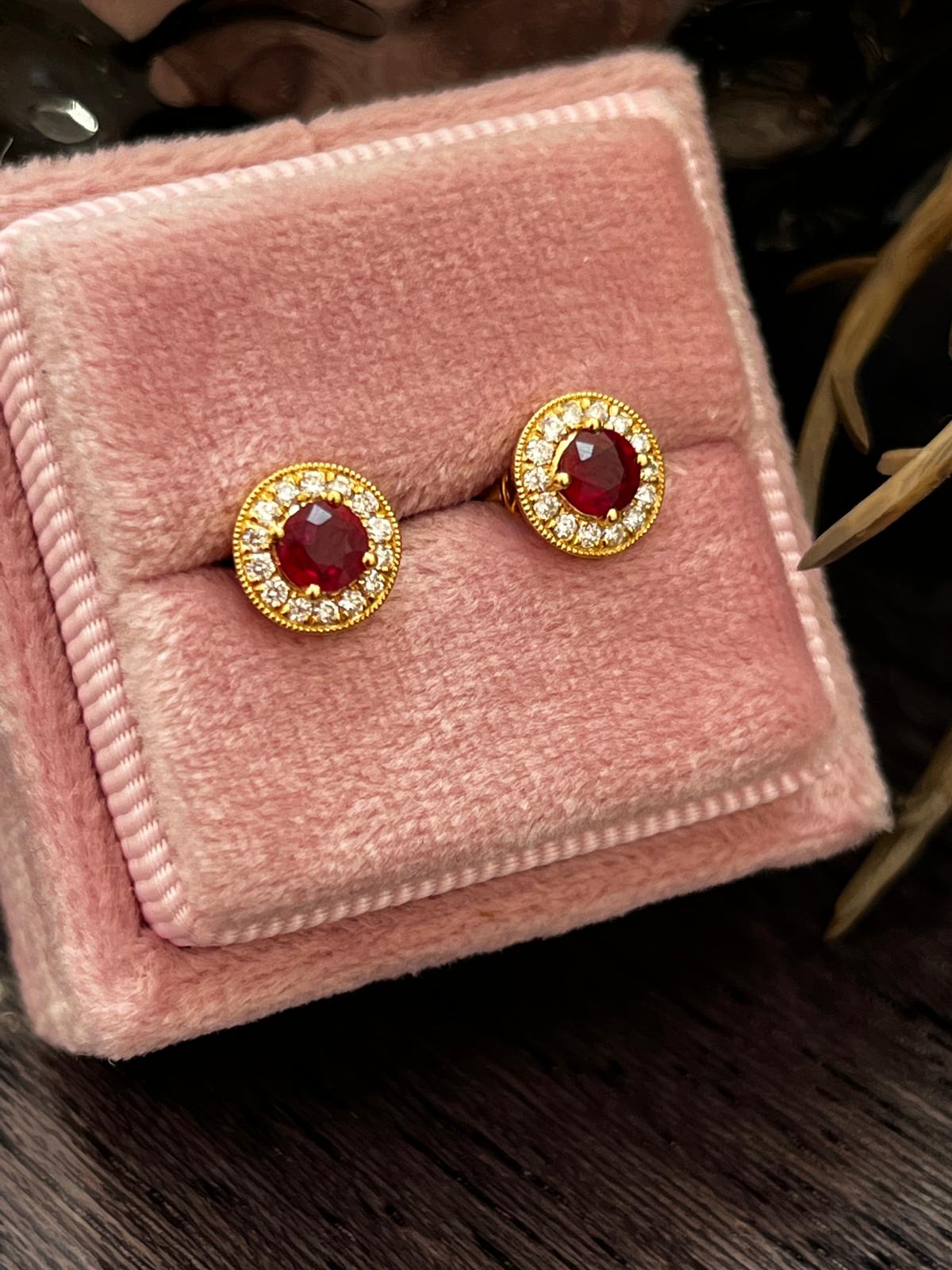 Ruby and Natural Diamond Halo Stud Earrings in 18ct Yellow Gold