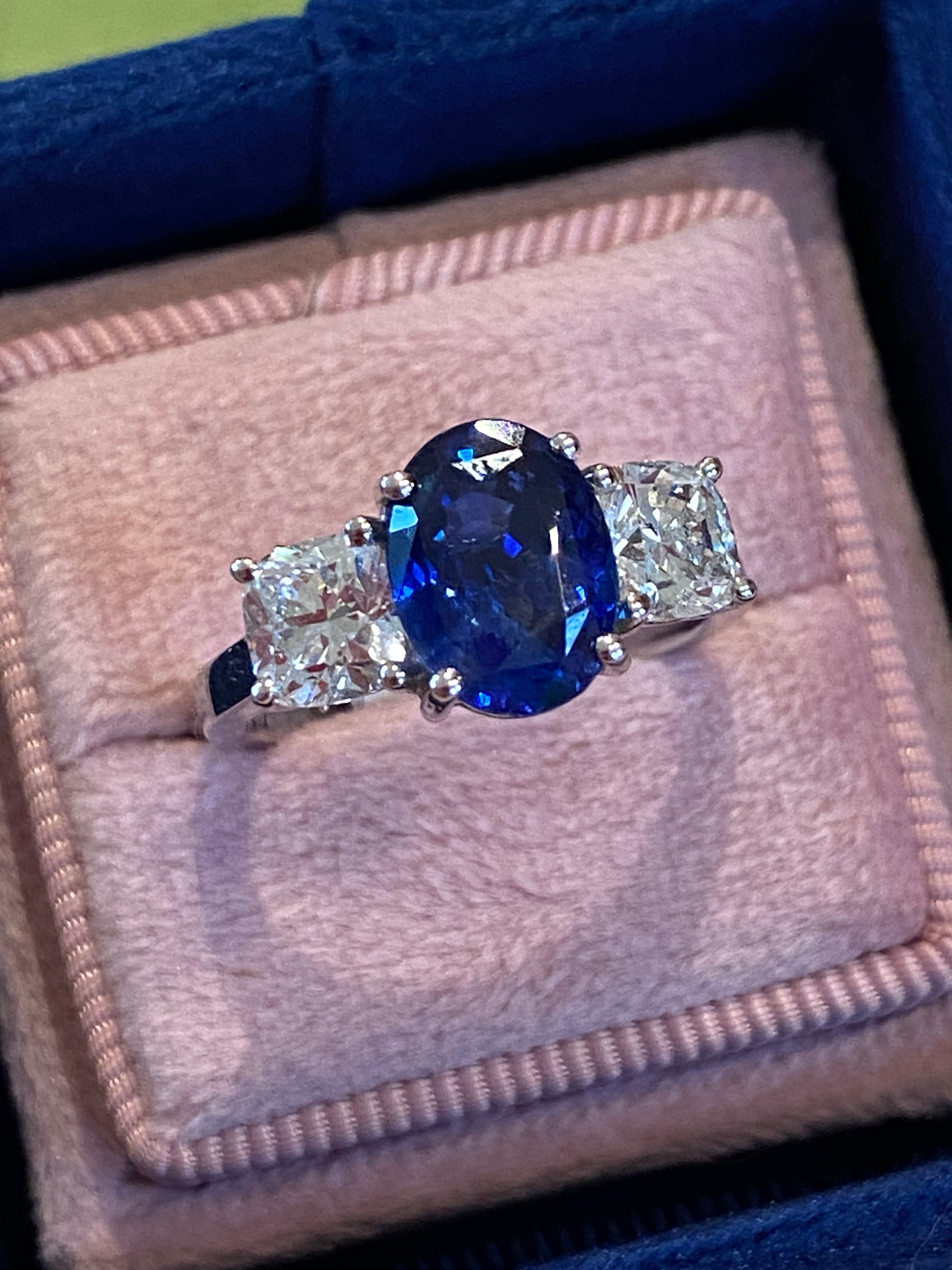 4.33 CTW Blue Ceylon Sapphire and Natural Diamond Three Stone Engagement Ring in Platinum