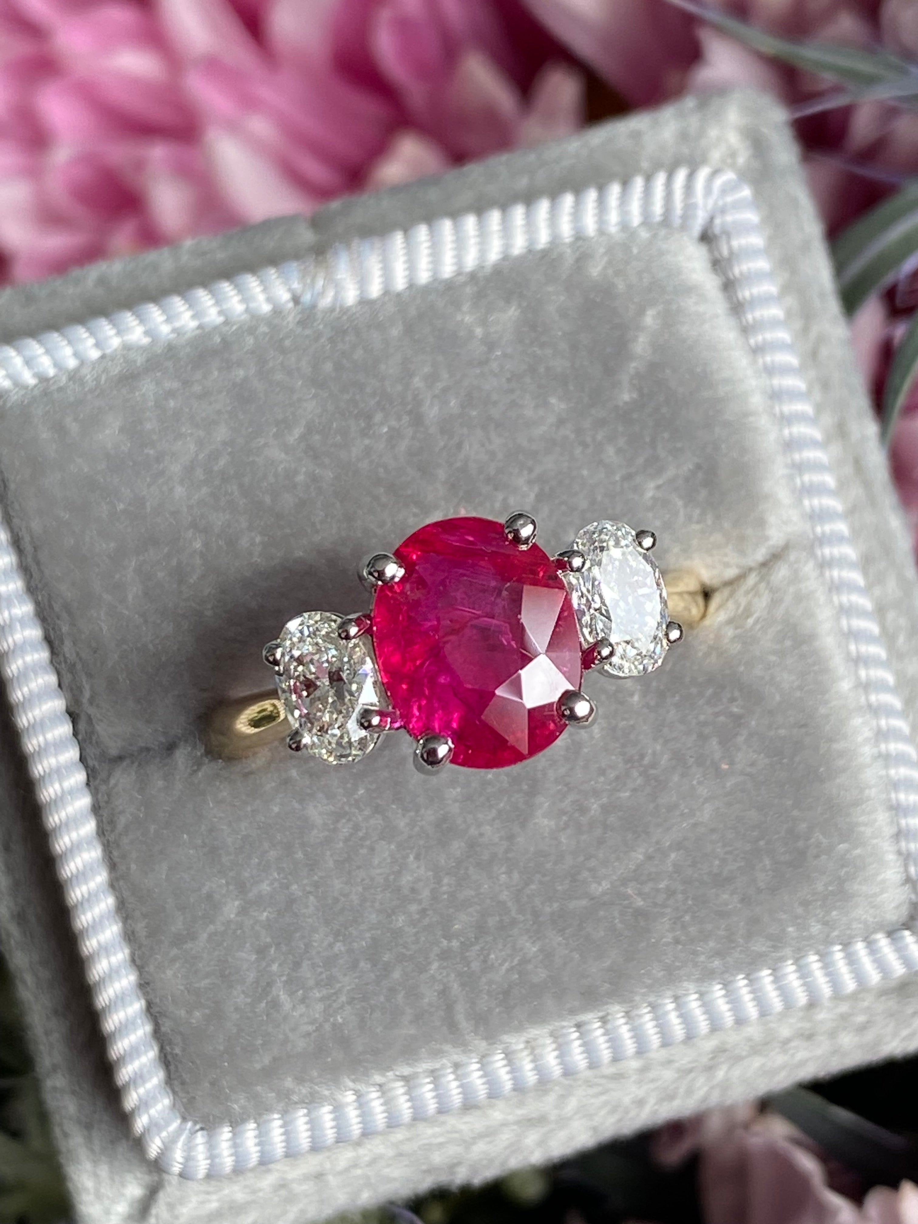 2.03 Carat Ruby and Natural Diamond Three Stone Ring in Platinum and 18ct Yellow Gold