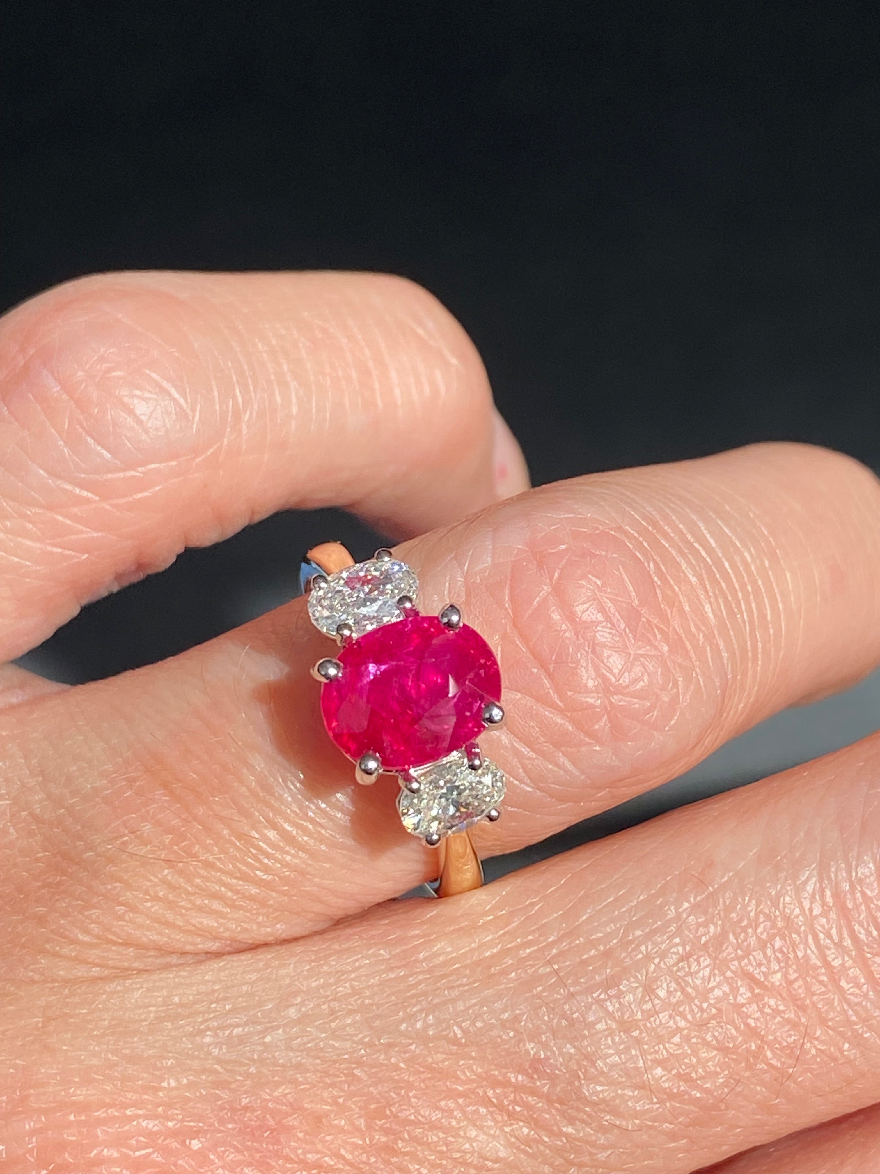 2.03 Carat Ruby and Natural Diamond Three Stone Ring in Platinum and 18ct Yellow Gold