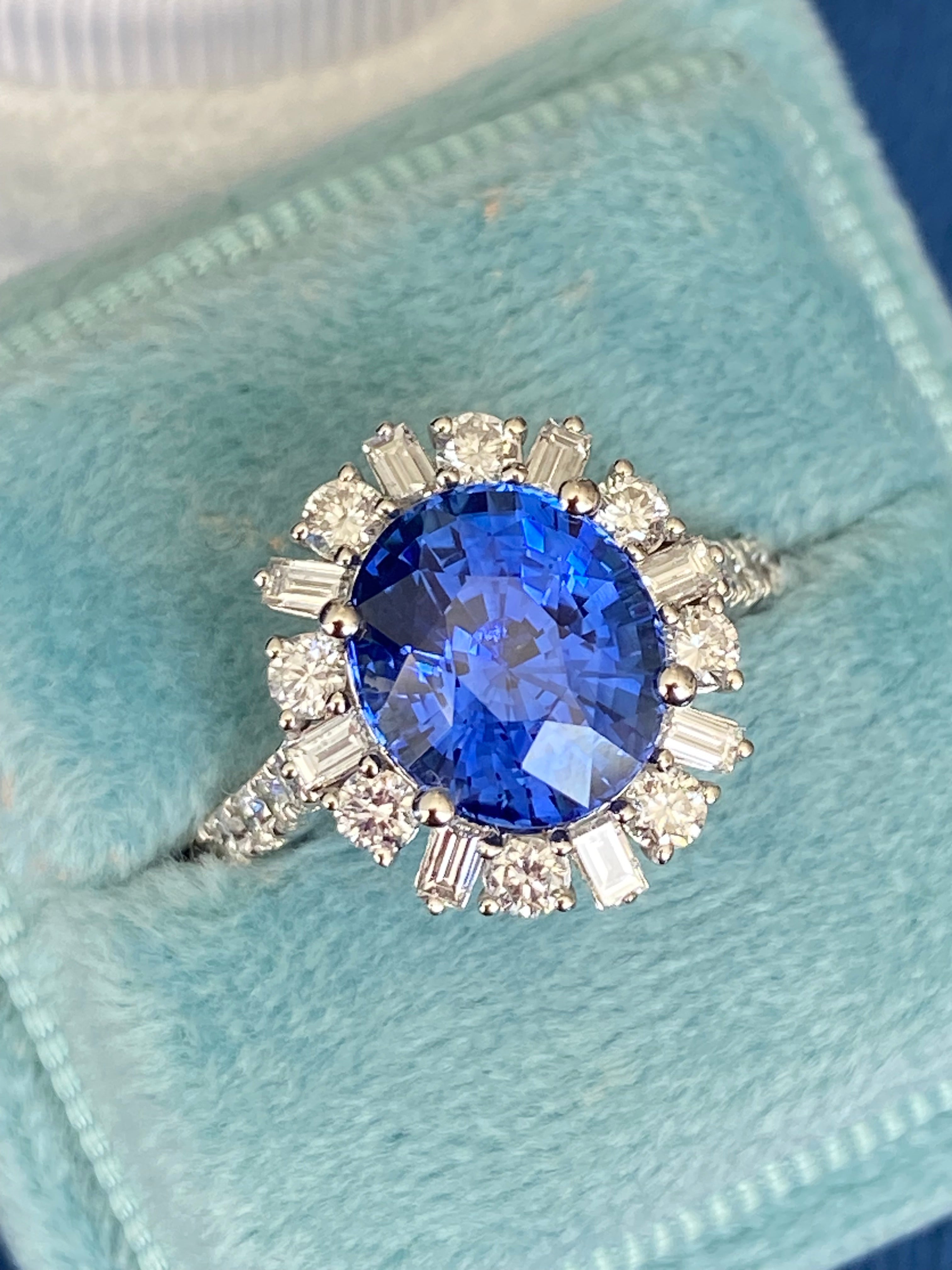 3.72 Carat Blue Ceylon Sapphire and 0.91ctw Natural Diamond Halo Ring in Platinum