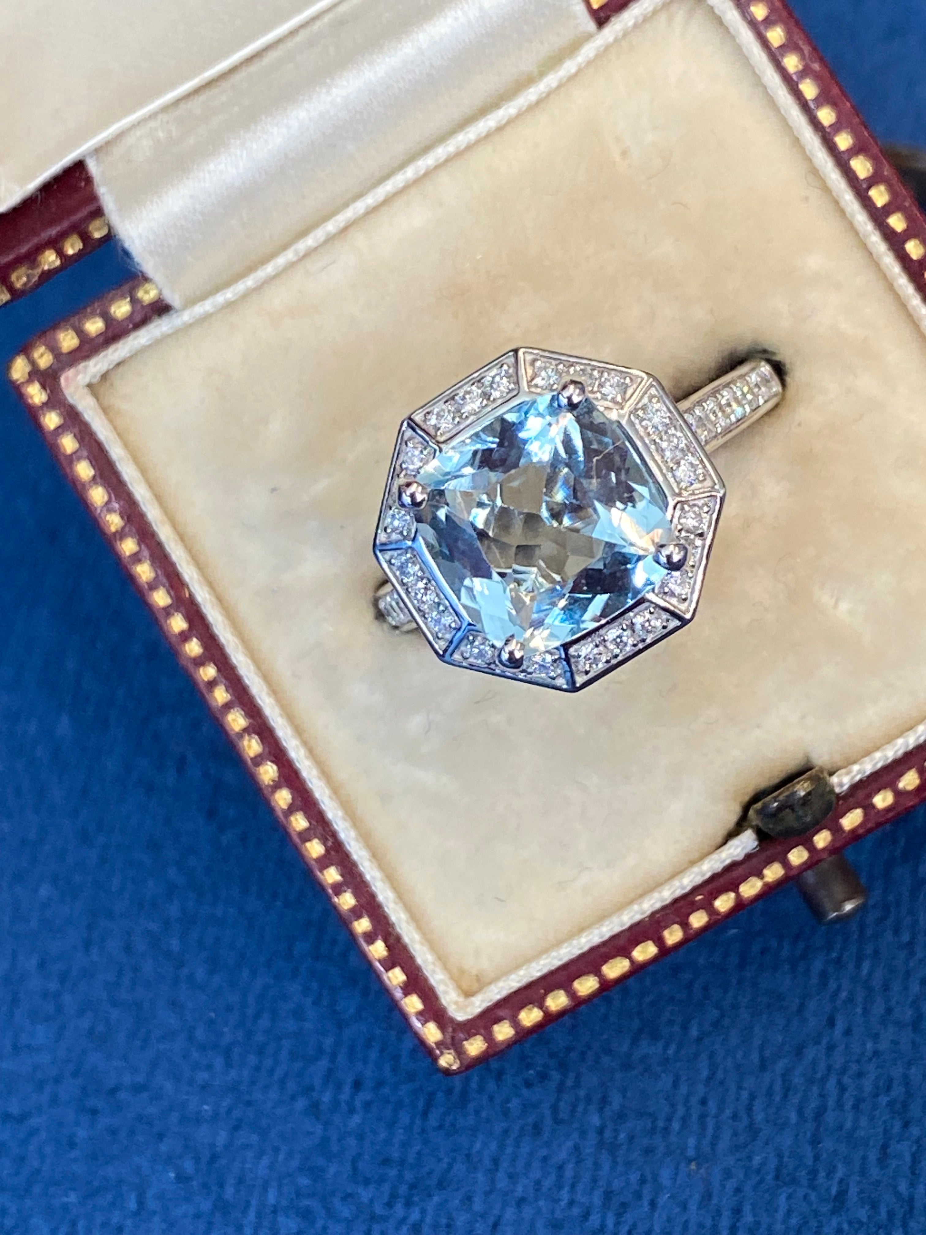 3.03 CTW Cushion Cut Art Deco Style Aquamarine and Natural Diamond Halo Engagement Ring in Platinum