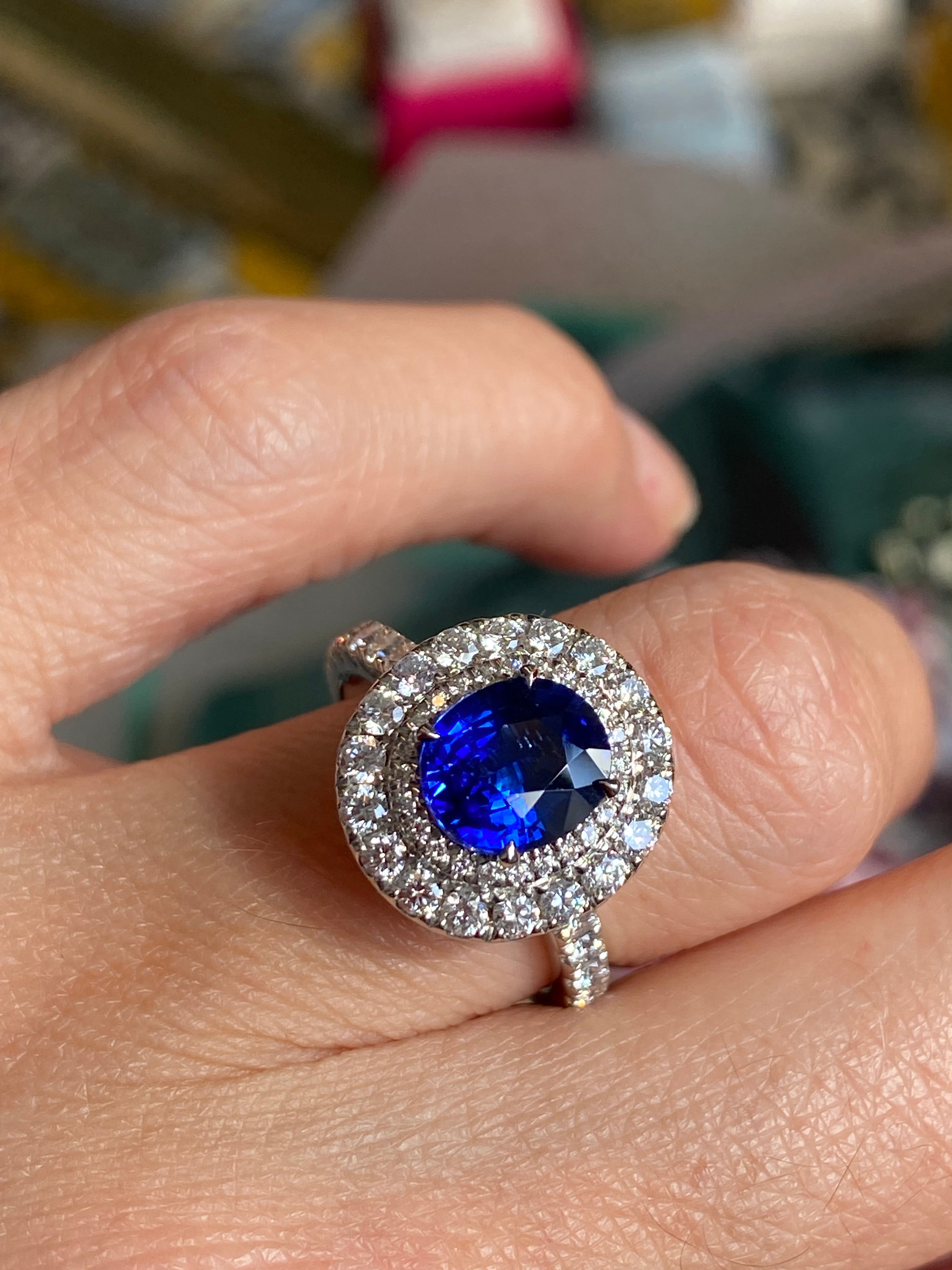 2.21 Carat Blue Ceylon Sapphire and 1.04 CTW Natural Diamond Halo Ring in Platinum
