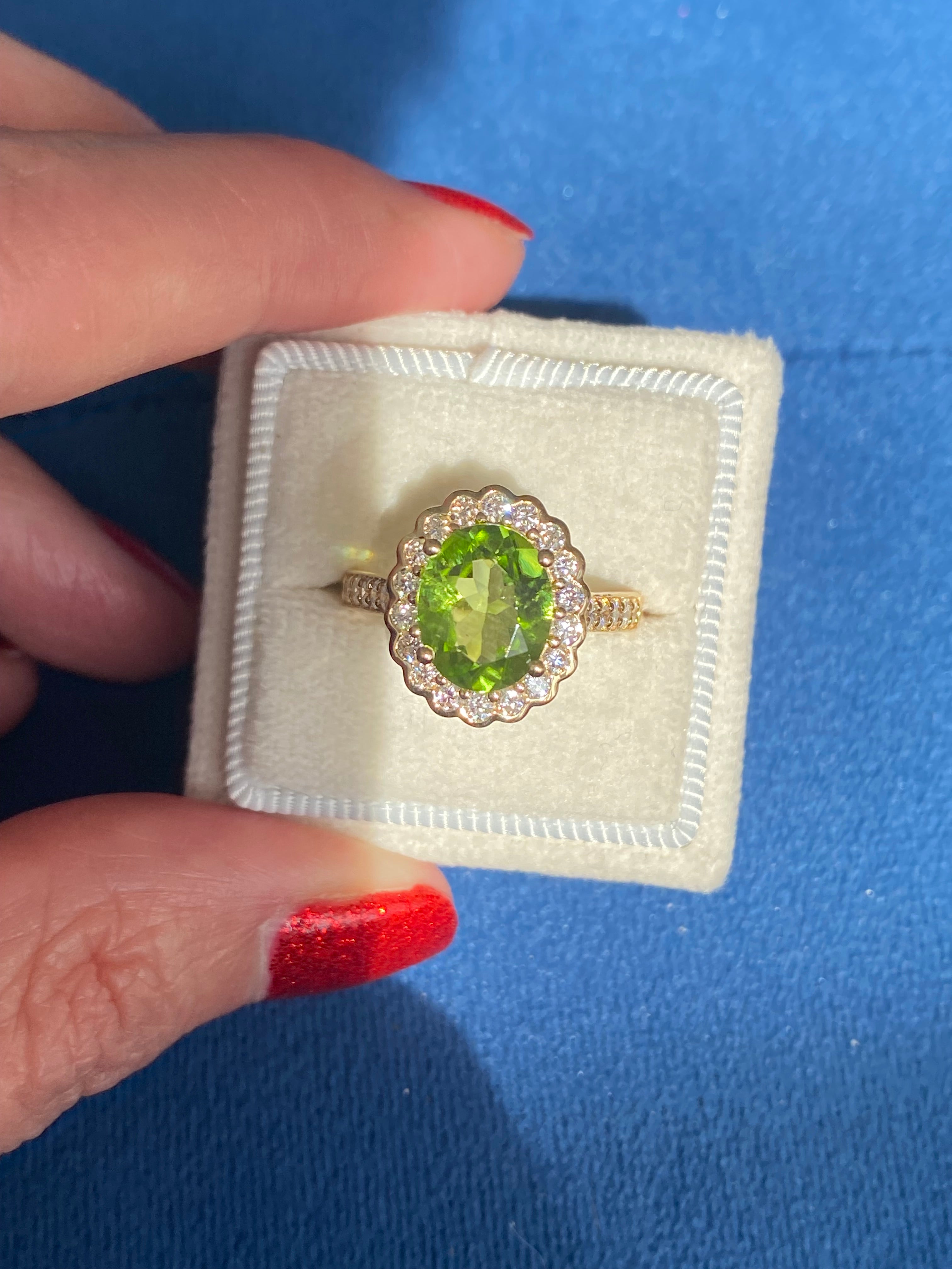 2.96 Carat Peridot and Natural Diamond Halo Ring in 18ct Yellow Gold