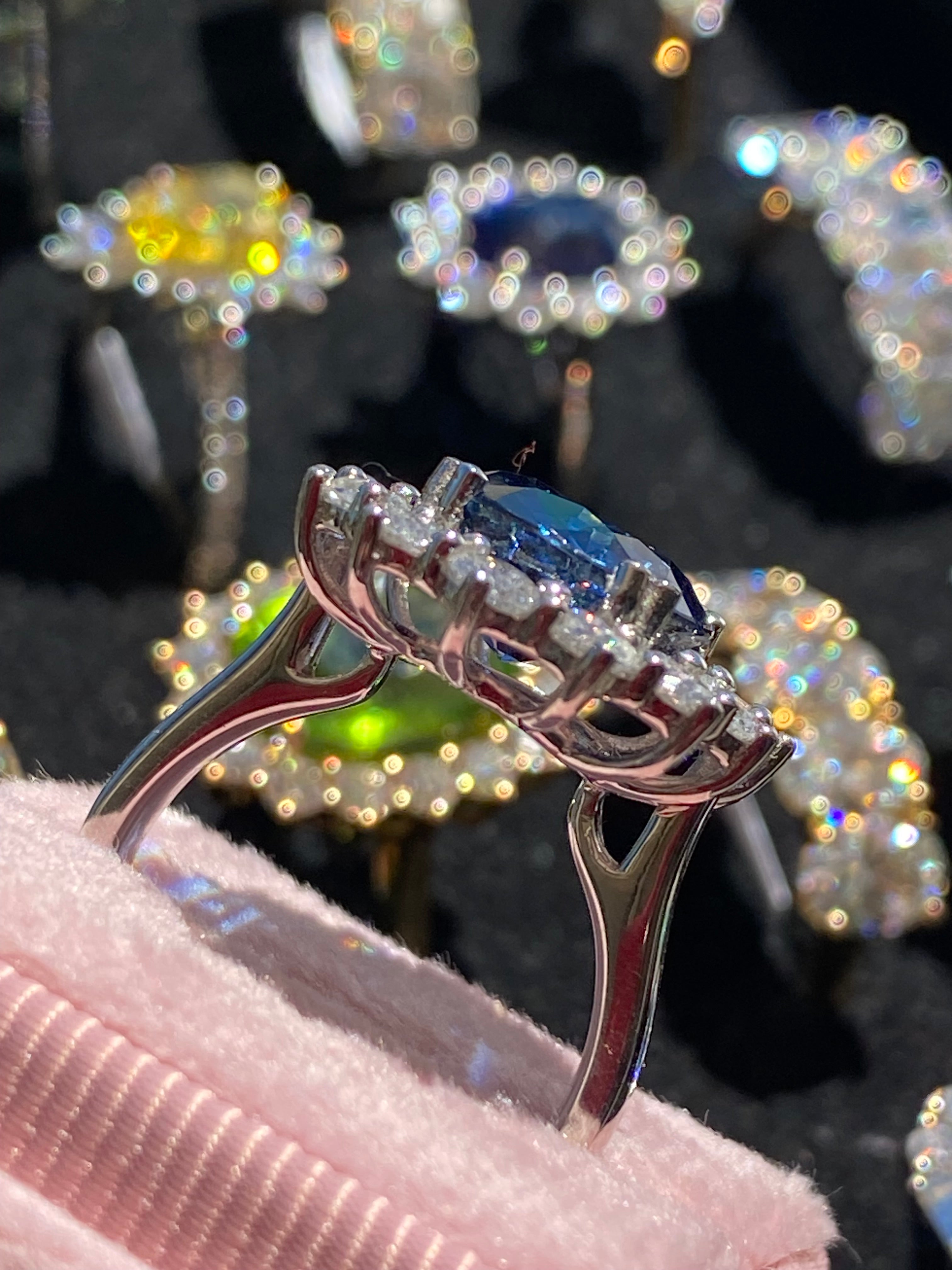 6.37 Carat Gubelin Certed No Heat Blue Ceylon Sapphire and 1.80 CTW Natural Diamond Halo Ring in Platinum