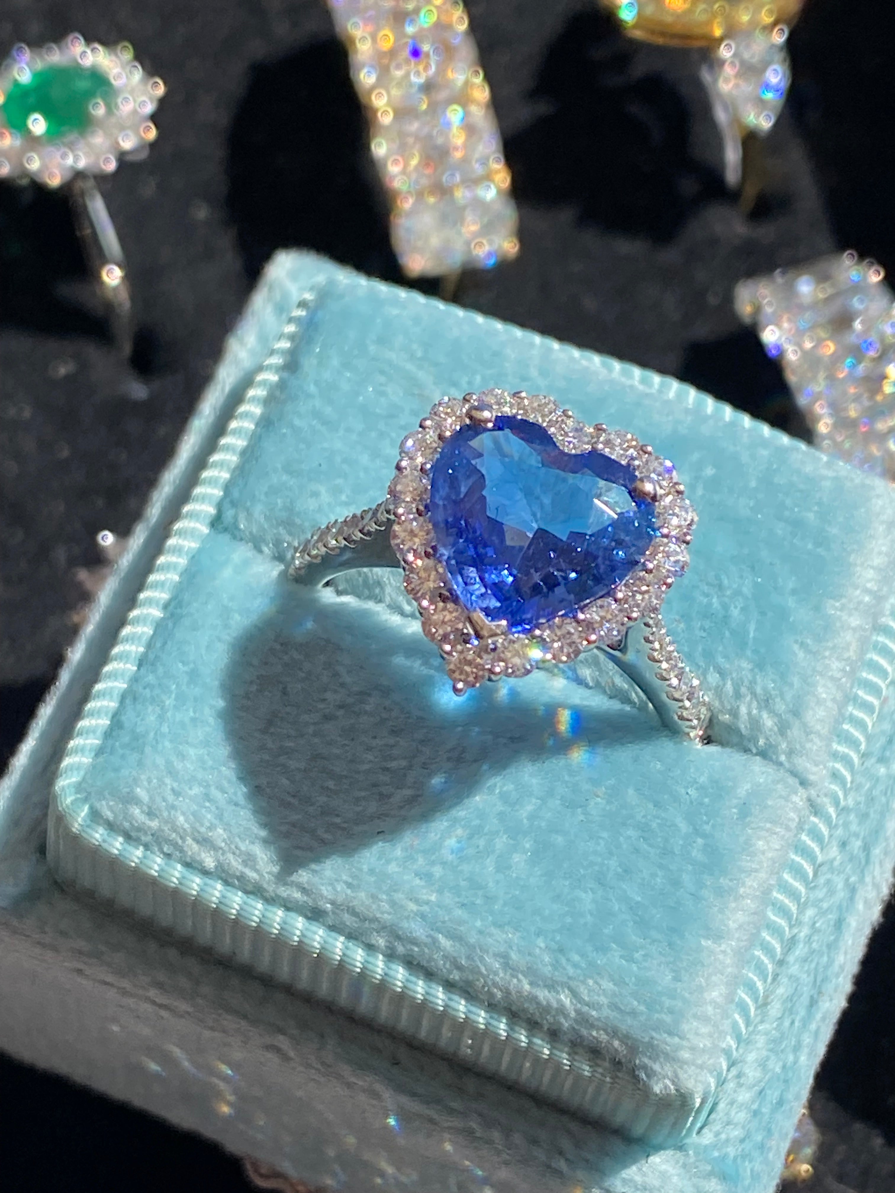 2.56 Carat Heart Shape Ceylon Sapphire and Natural Diamond Halo Ring in Platinum