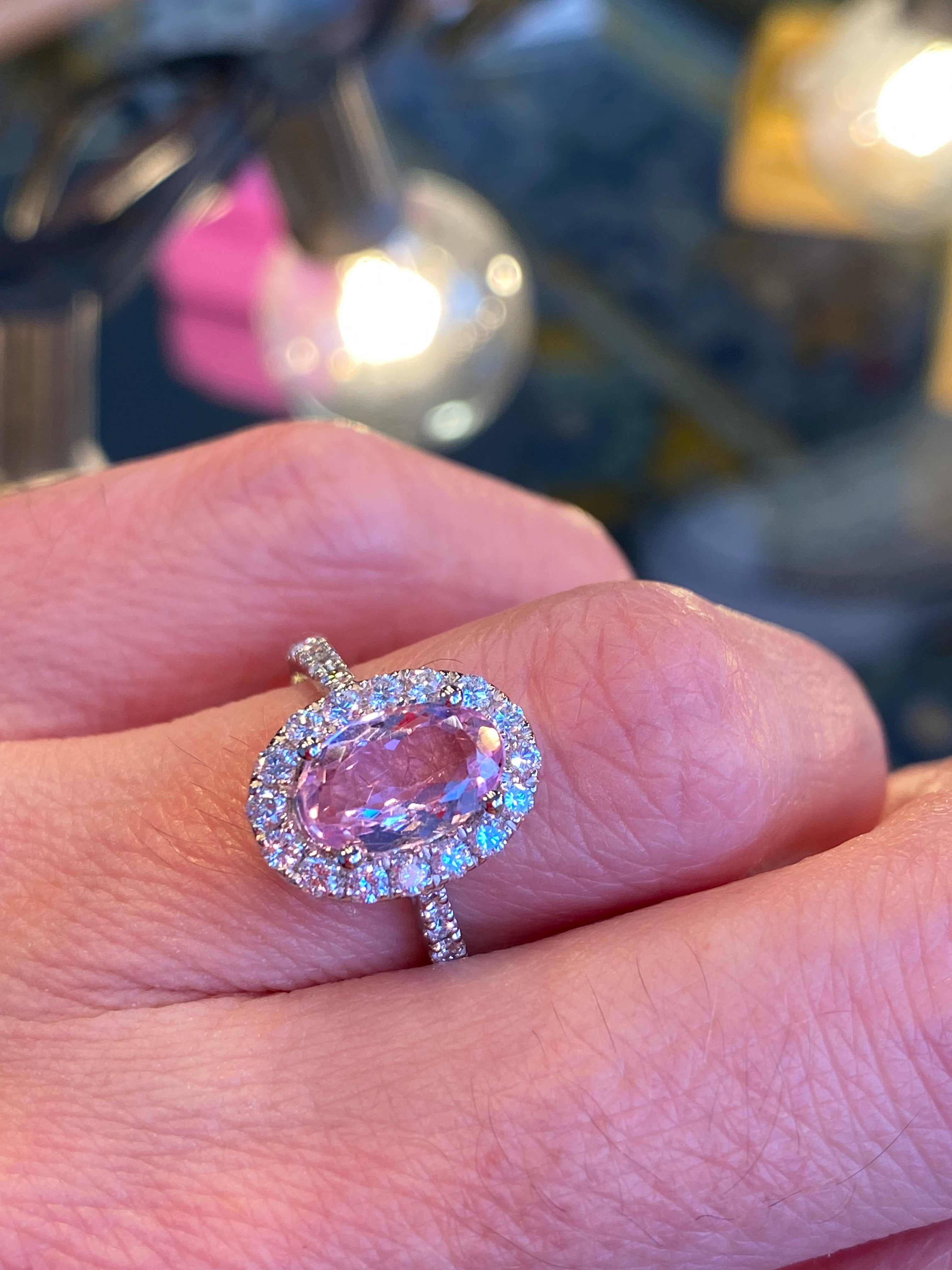 1.94 CTW Oval Cut Pink Topaz and Natural Diamond Halo Ring in Platinum