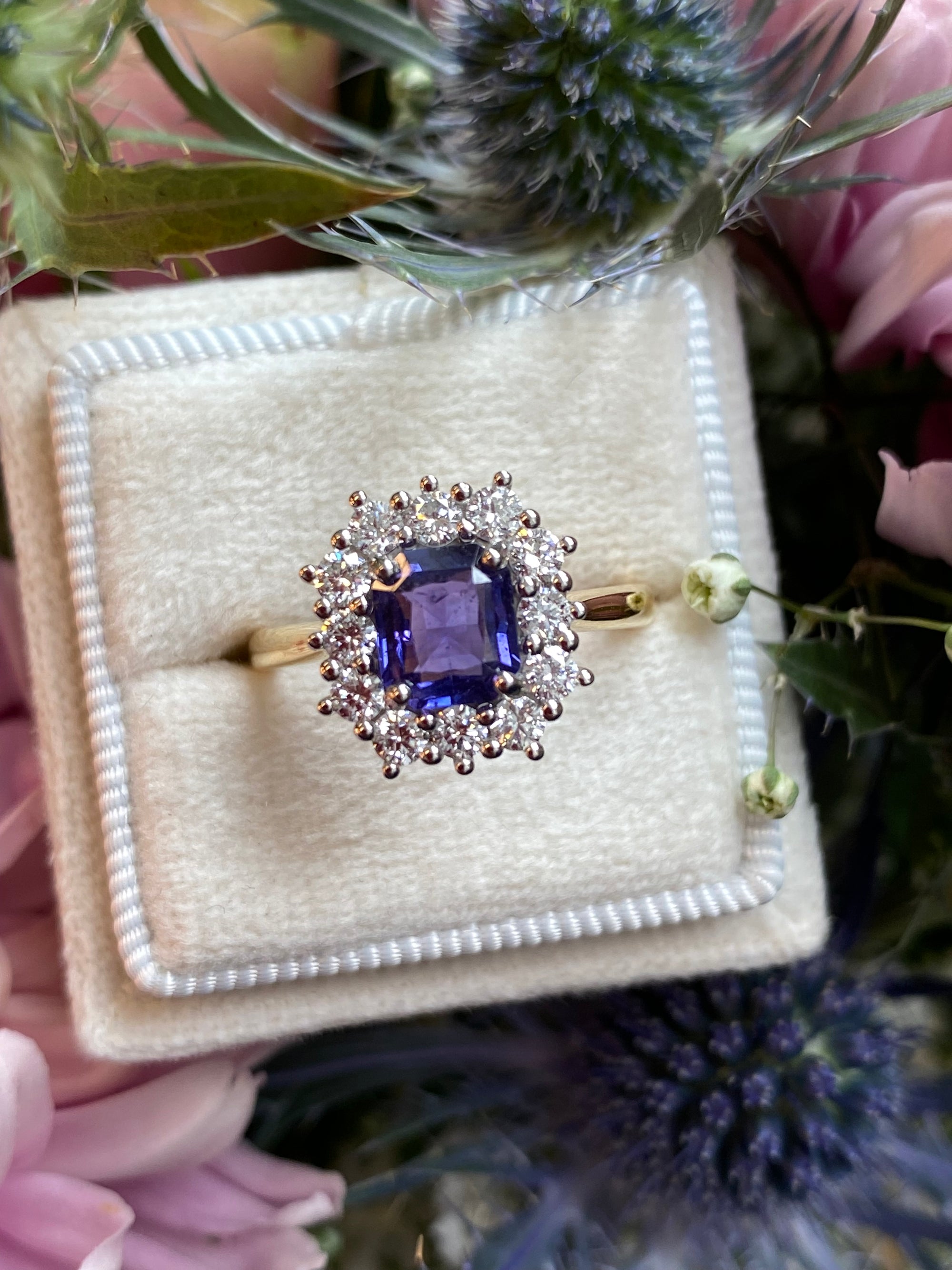 1.31 Carat Purple Sapphire and 0.60ctw Natural Diamond Halo Ring in Platinum and 18ct Gold