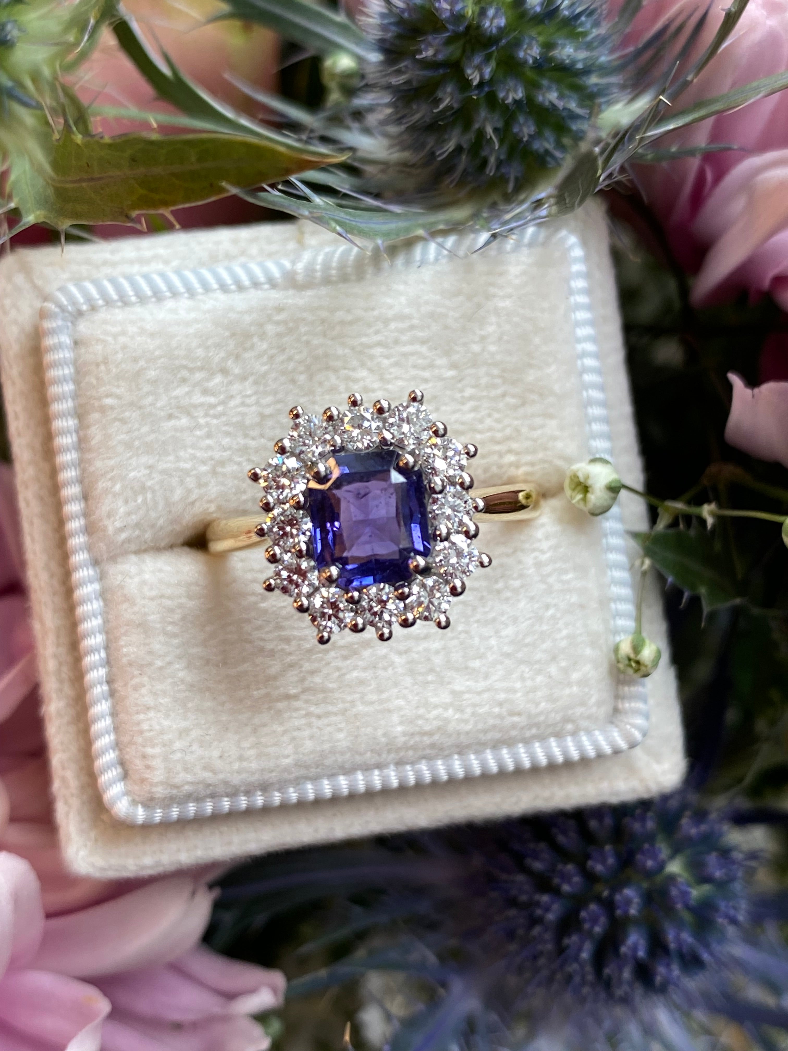 1.31 Carat Purple Sapphire and 0.60ctw Natural Diamond Halo Ring in Platinum and 18ct Gold