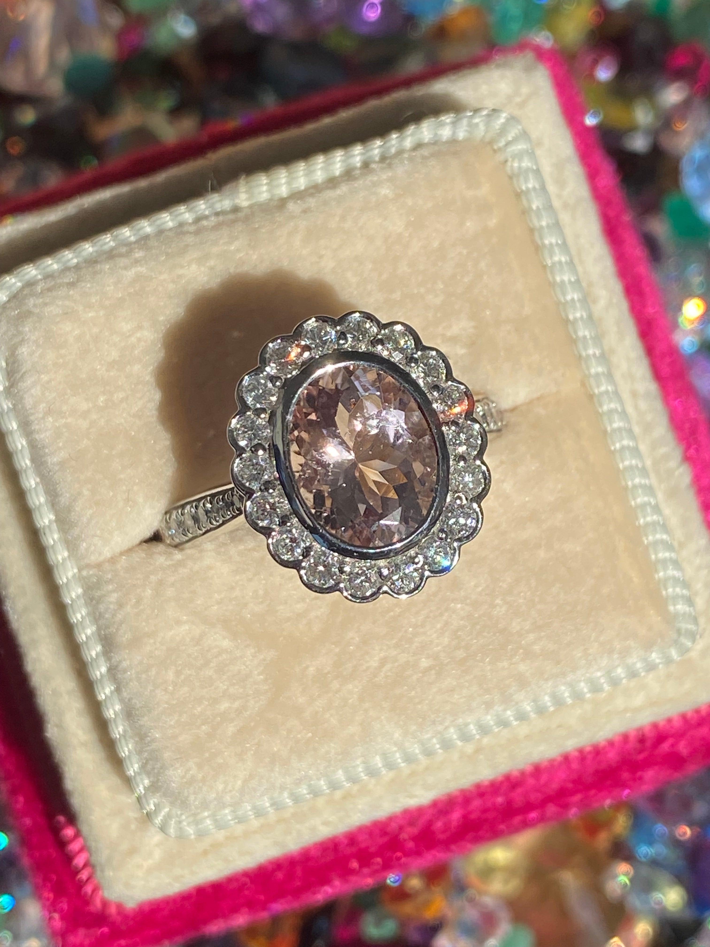 1.76 Carat Morganite and Natural Diamond Cluster Ring in Platinum