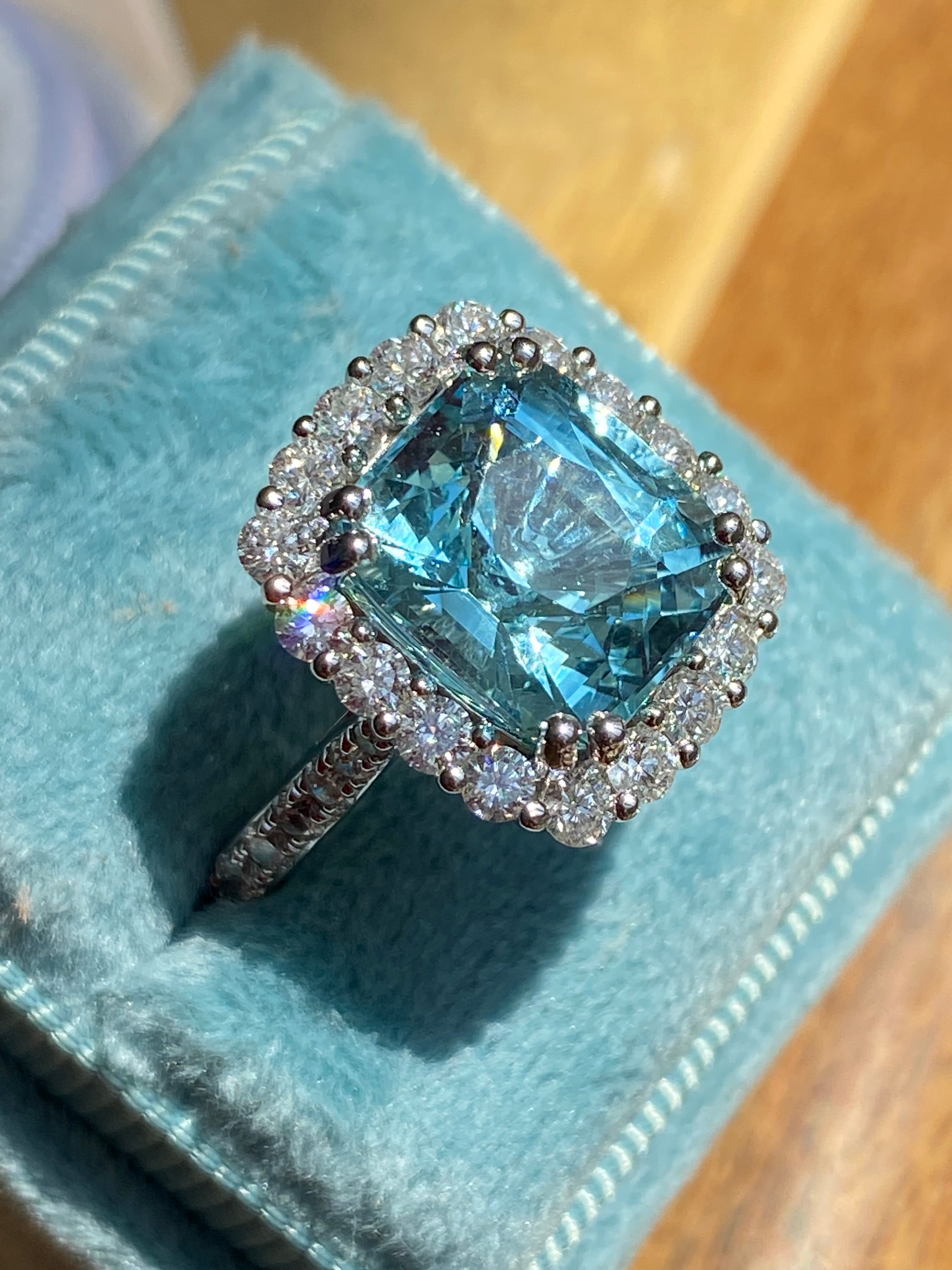 5.69 CTW Cushion Cut Aquamarine and Diamond Engagement Ring in Platinum