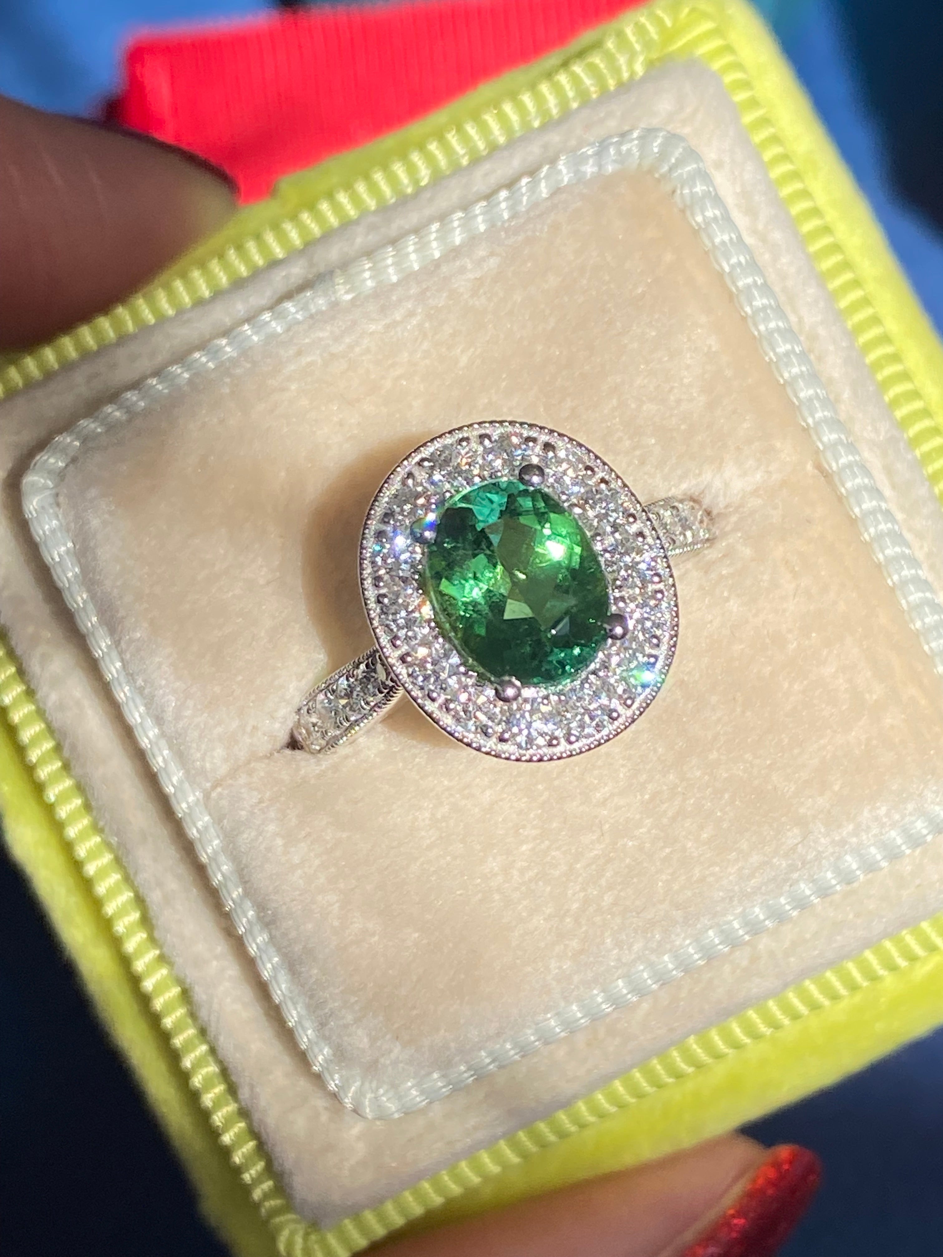 1.66 Carat Oval Cut Mint Tourmaline and 0.66 CTW Natural Diamond Ring in Platinum