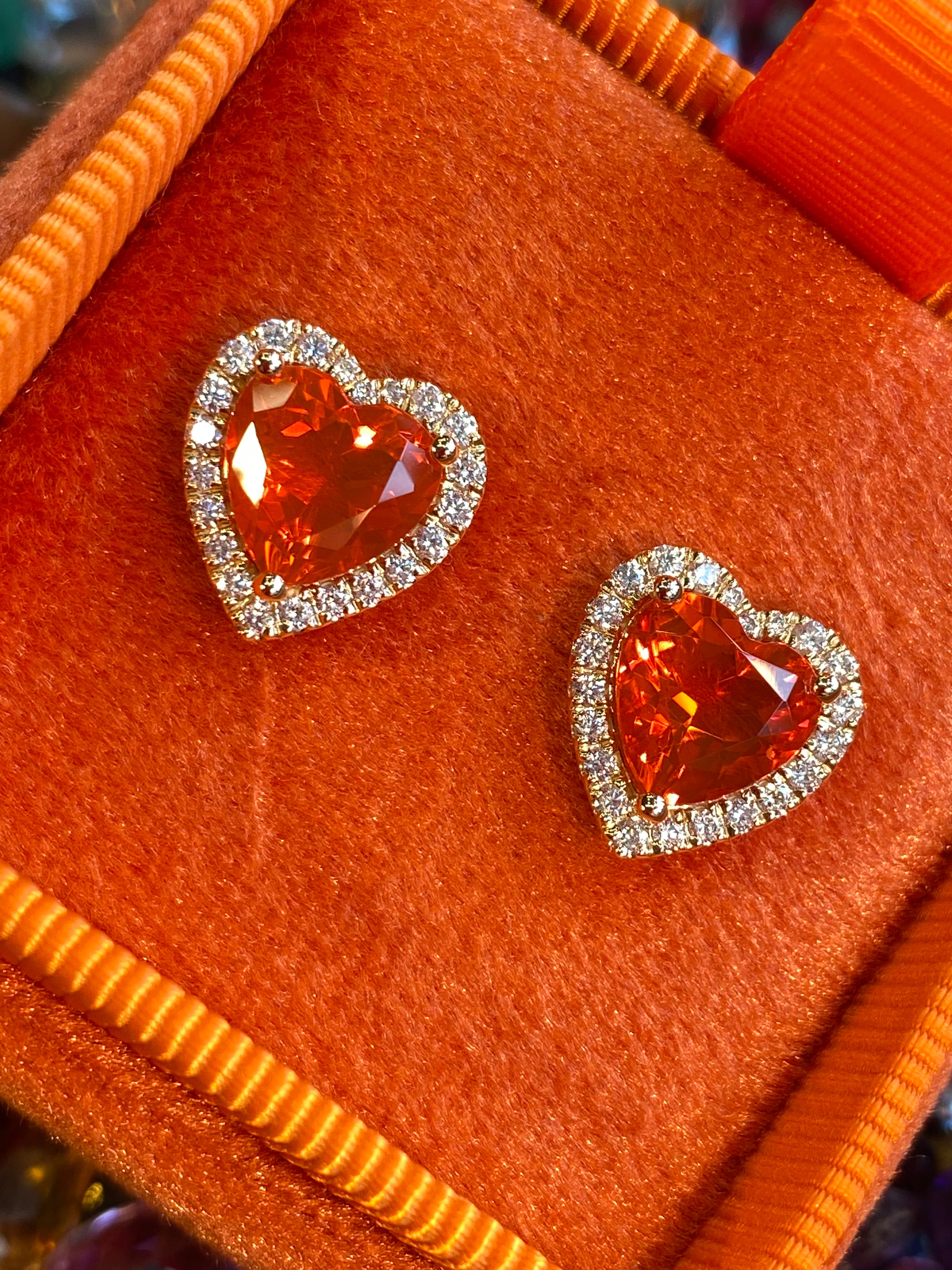 Heart Shaped Fire Opal and Natural Diamond Stud Earrings in 9ct Yellow Gold