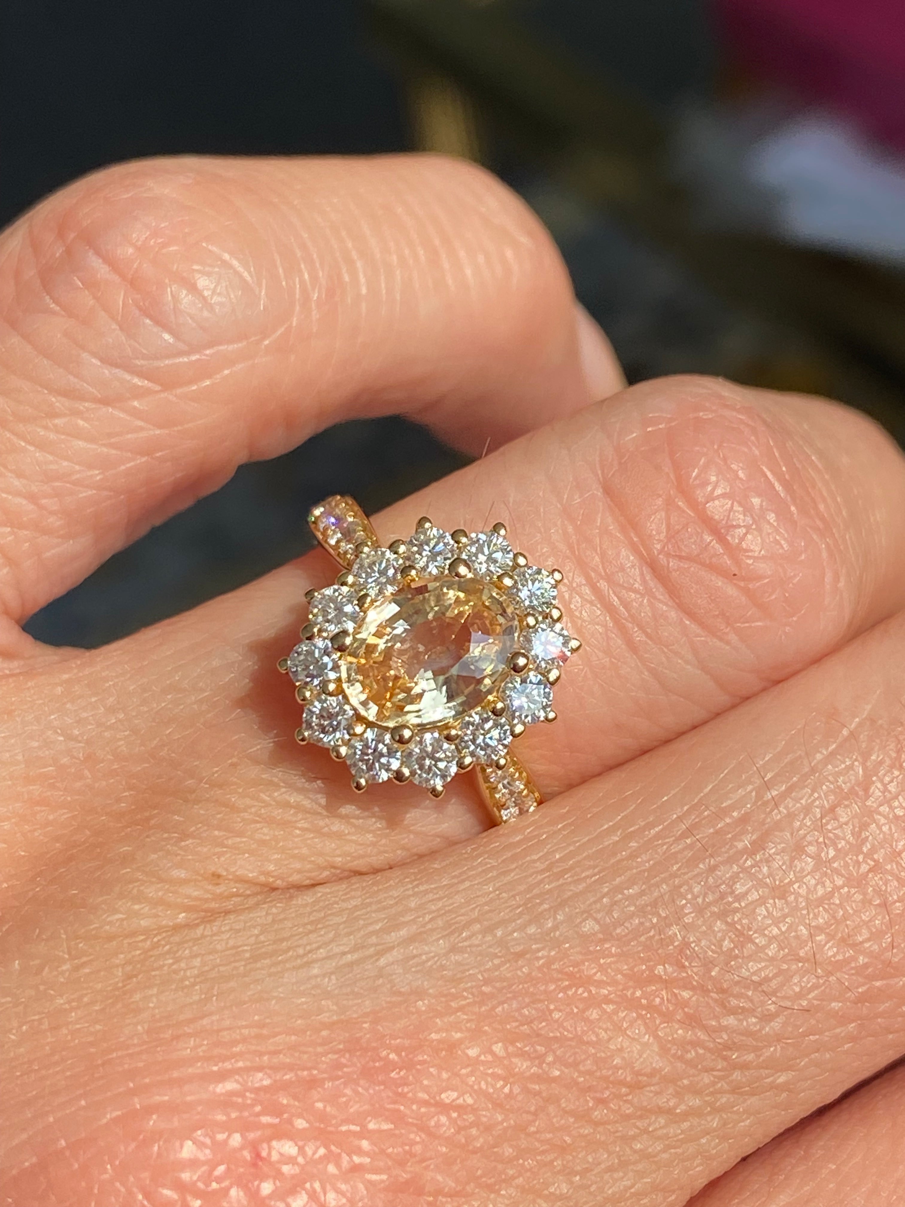 2.24 CTW Peach Sapphire and Natural Diamond Halo Ring in 18ct Yellow Gold