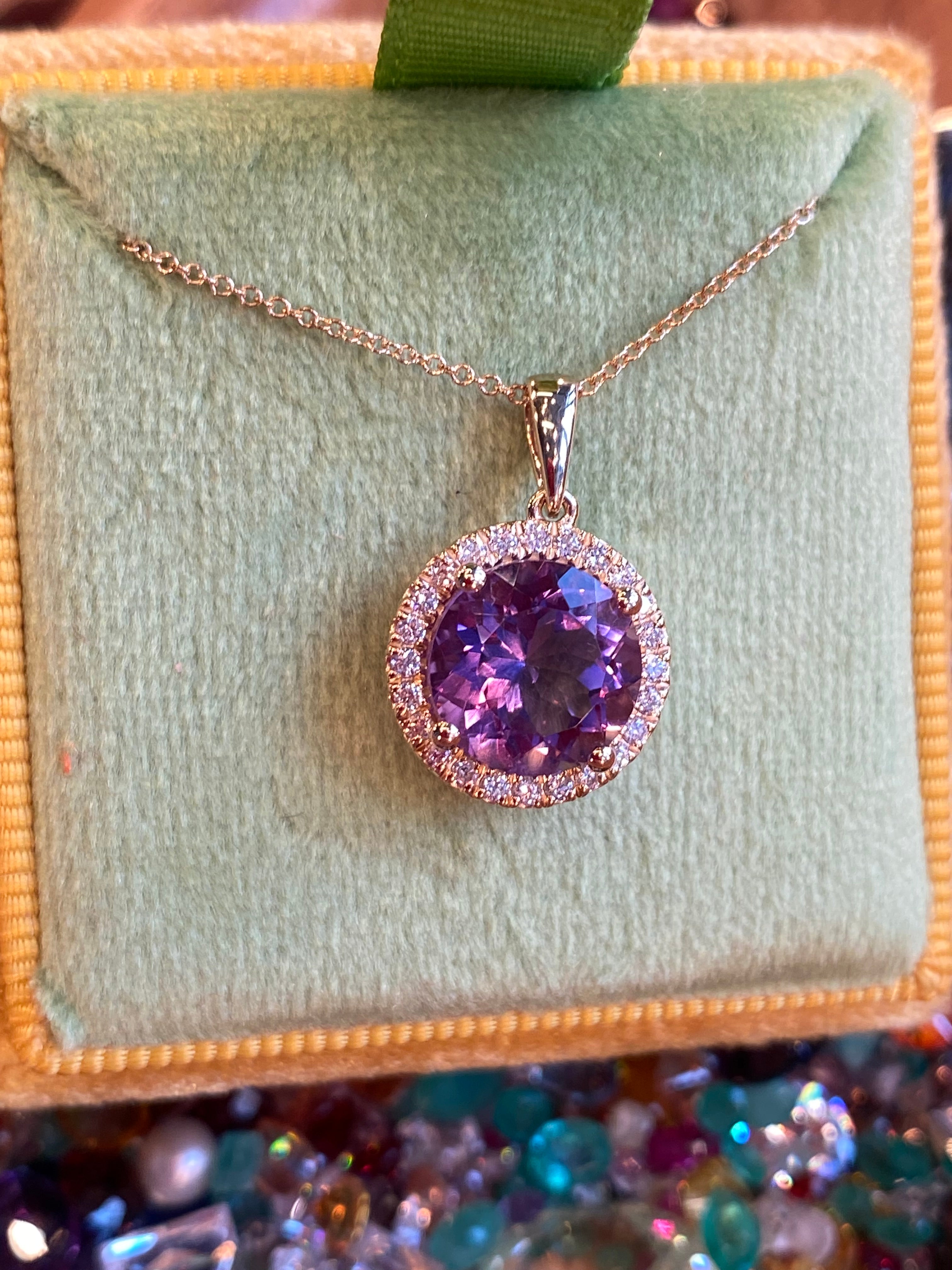 2.72 CTW Amethyst and Natural Diamond Pendant Necklace in 9ct Yellow Gold