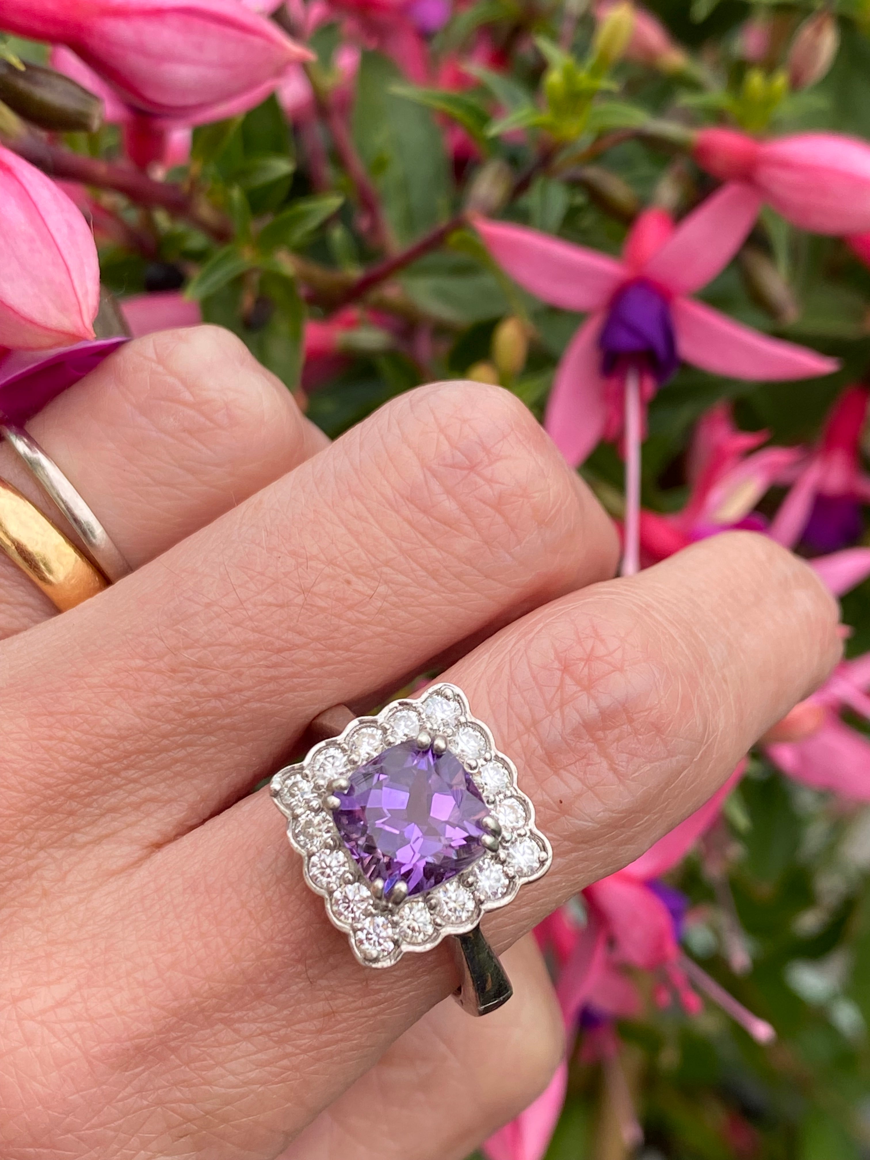 4.29 CTW Cushion Cut Amethyst and Moissanite Halo Cocktail Ring in Sterling Silver