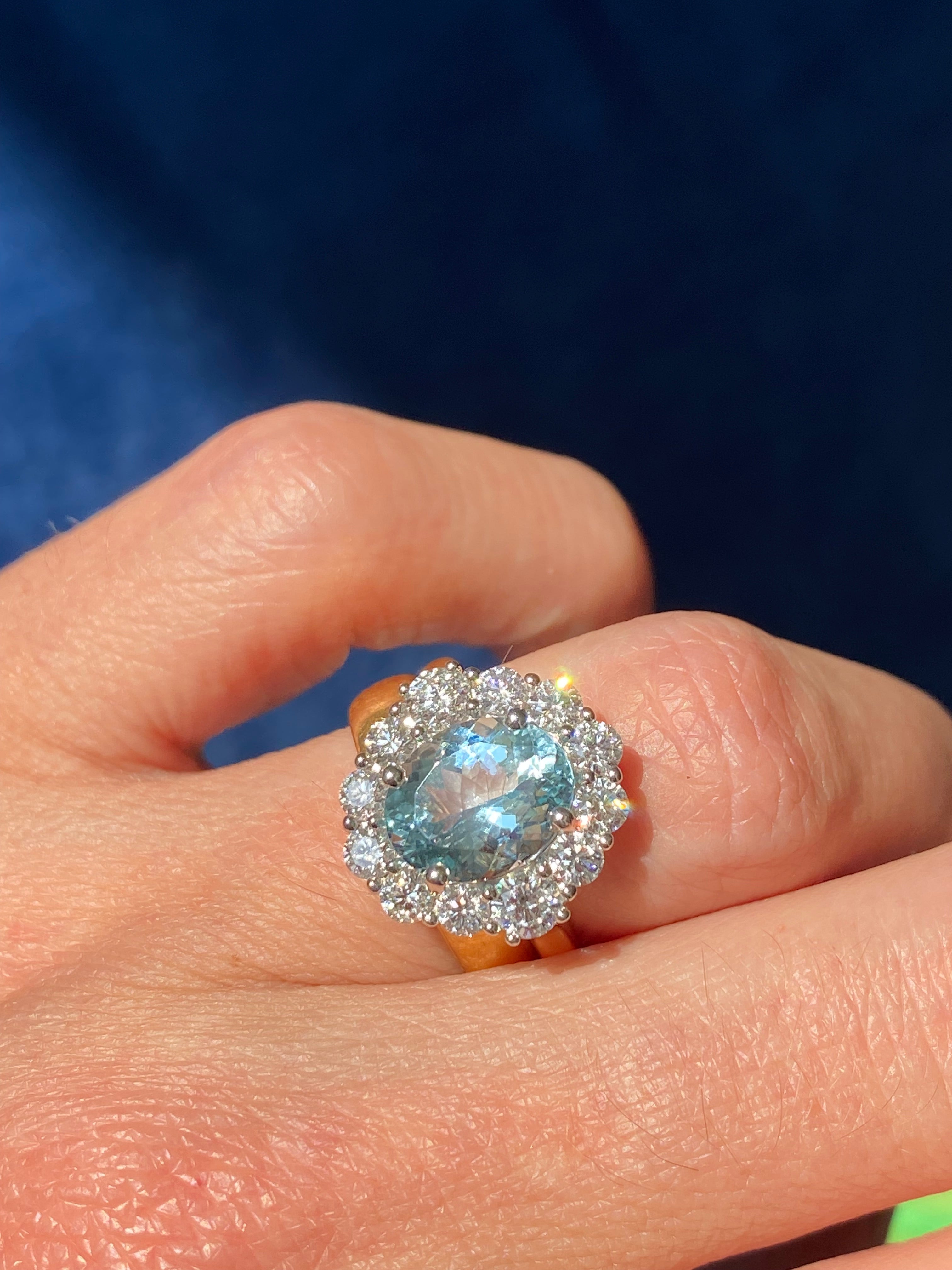 3.53 CTW Aquamarine and Natural Diamond Halo Ring in Platinum and 18ct Yellow Gold