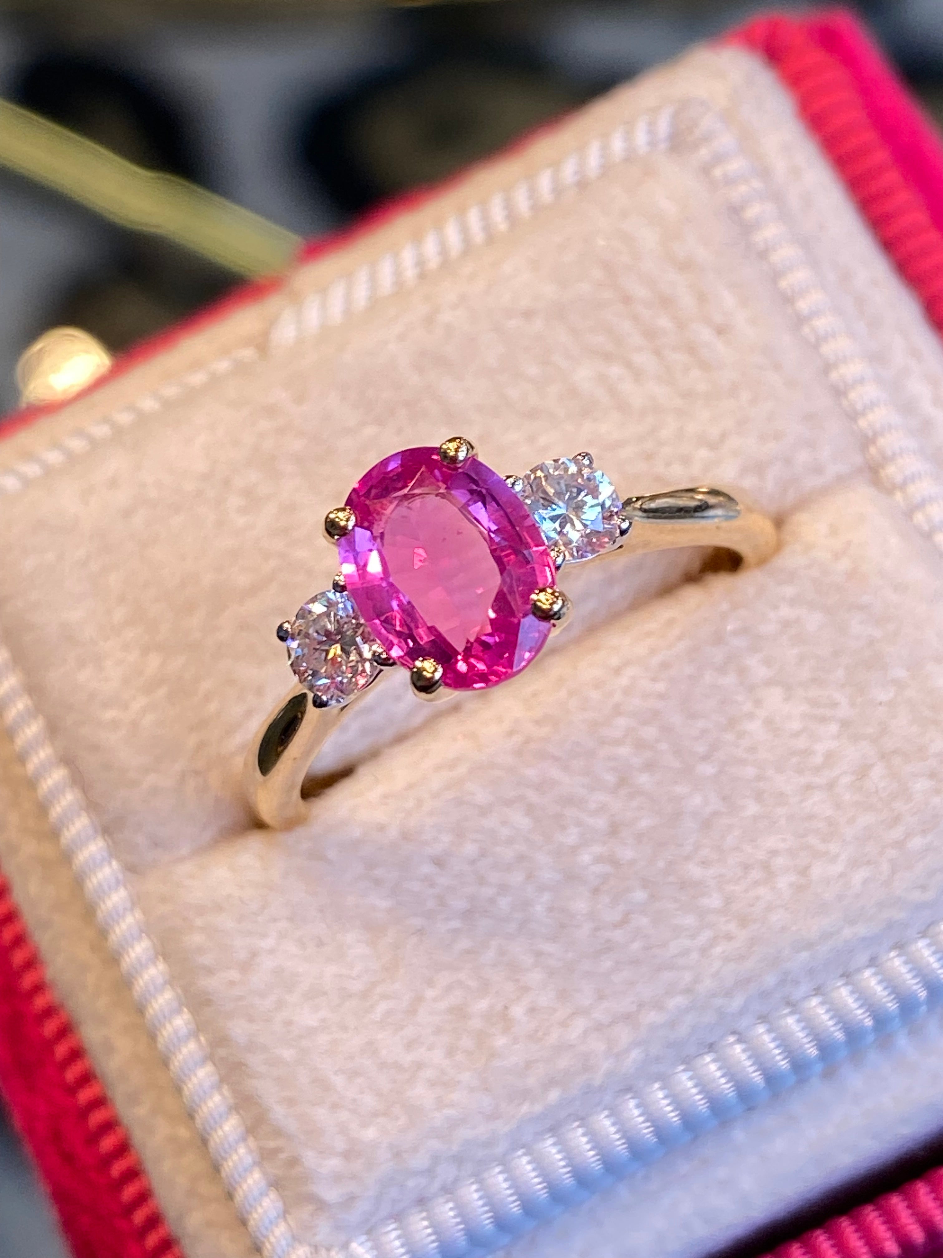 1.23 Carat No Heat Ceylon Pink Sapphire and Natural Diamond Three Stone Engagement Ring in Platinum and 18ct Yellow Gold