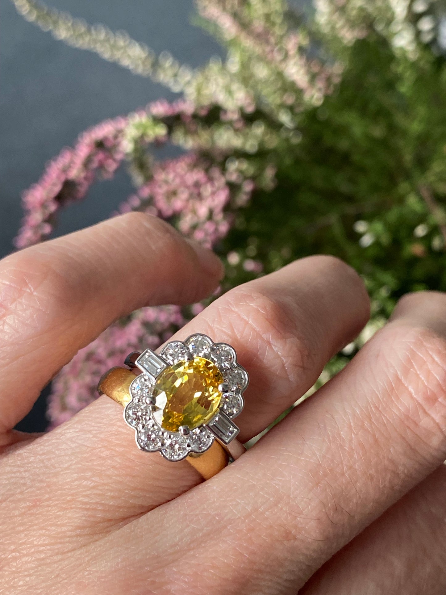 2.45 Carat Yellow Sapphire and Natural Diamond Halo Ring in Platinum