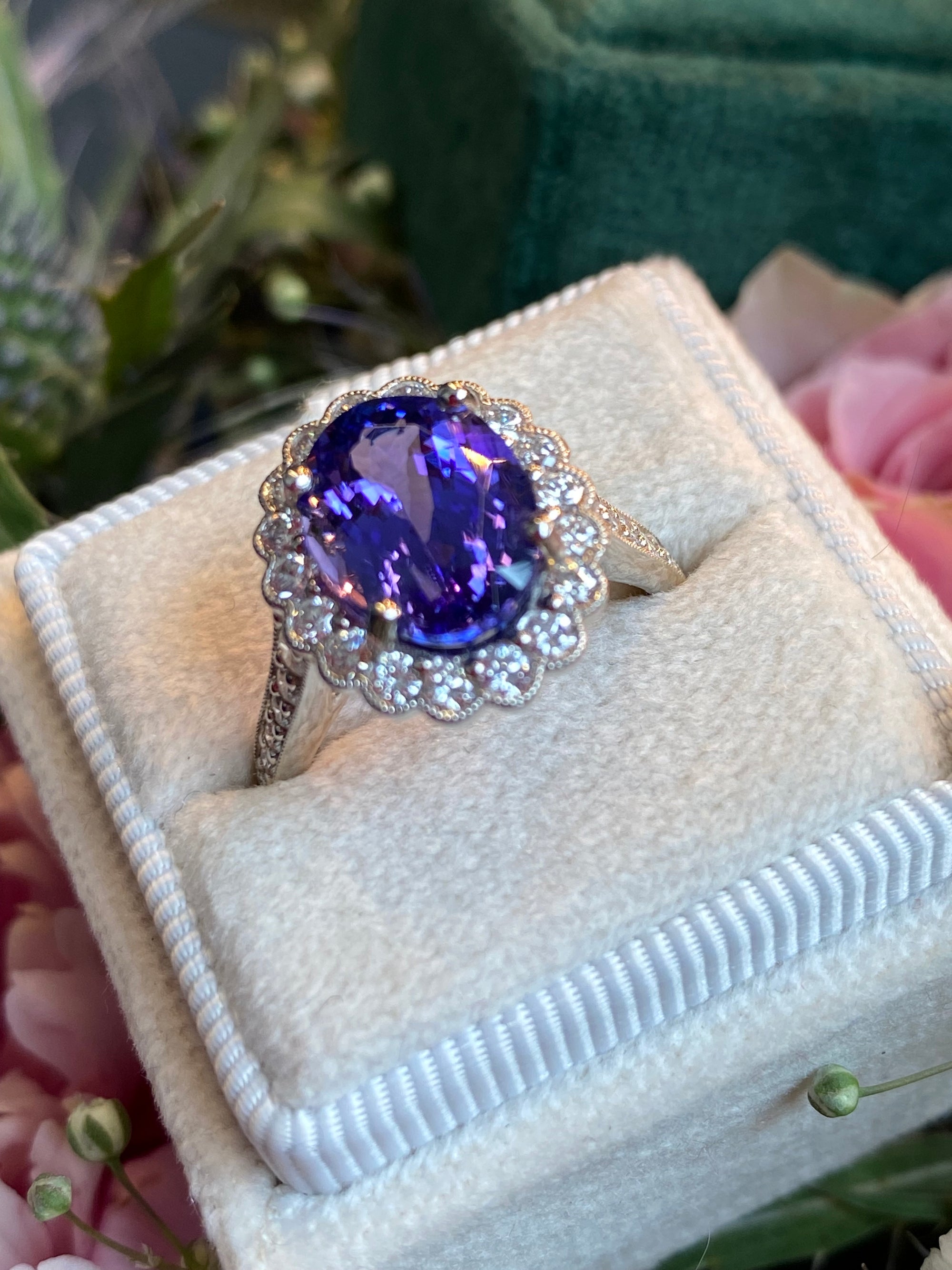 3.87 Carat Oval Cut Tanzanite and 0.75ctw Natural Diamond Cocktail Ring in Platinum