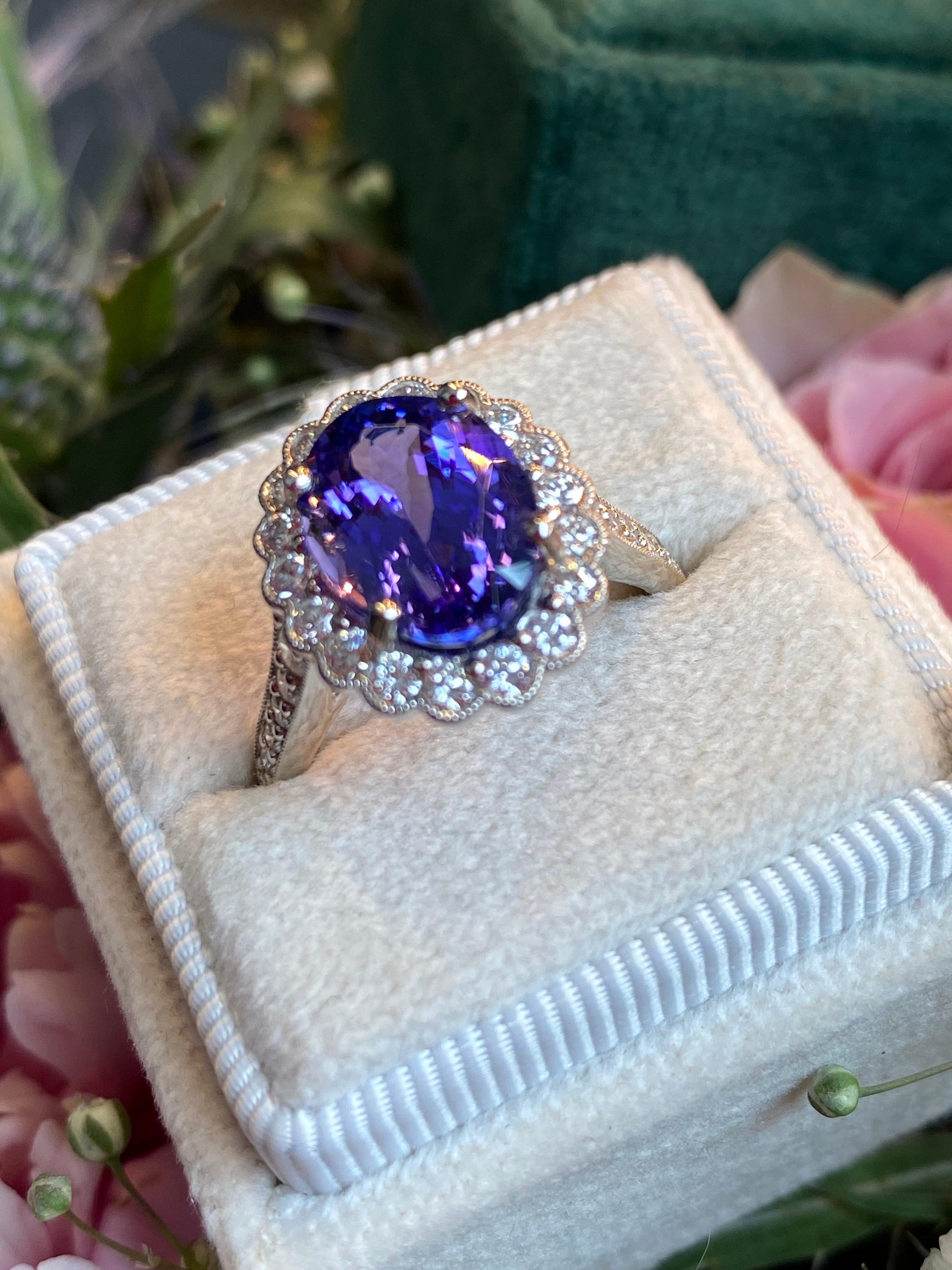 3.87 Carat Oval Cut Tanzanite and 0.75ctw Natural Diamond Cocktail Ring in Platinum
