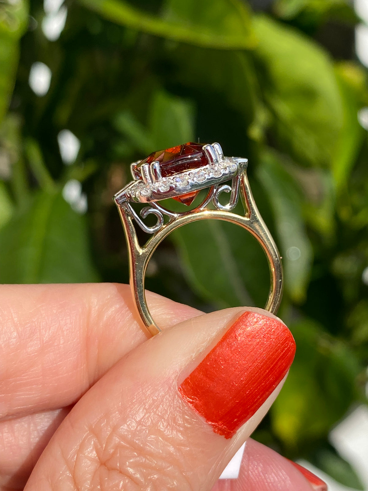 7.36 Carat Hessonite Garnet and Natural Diamond Ring in 18ct Gold