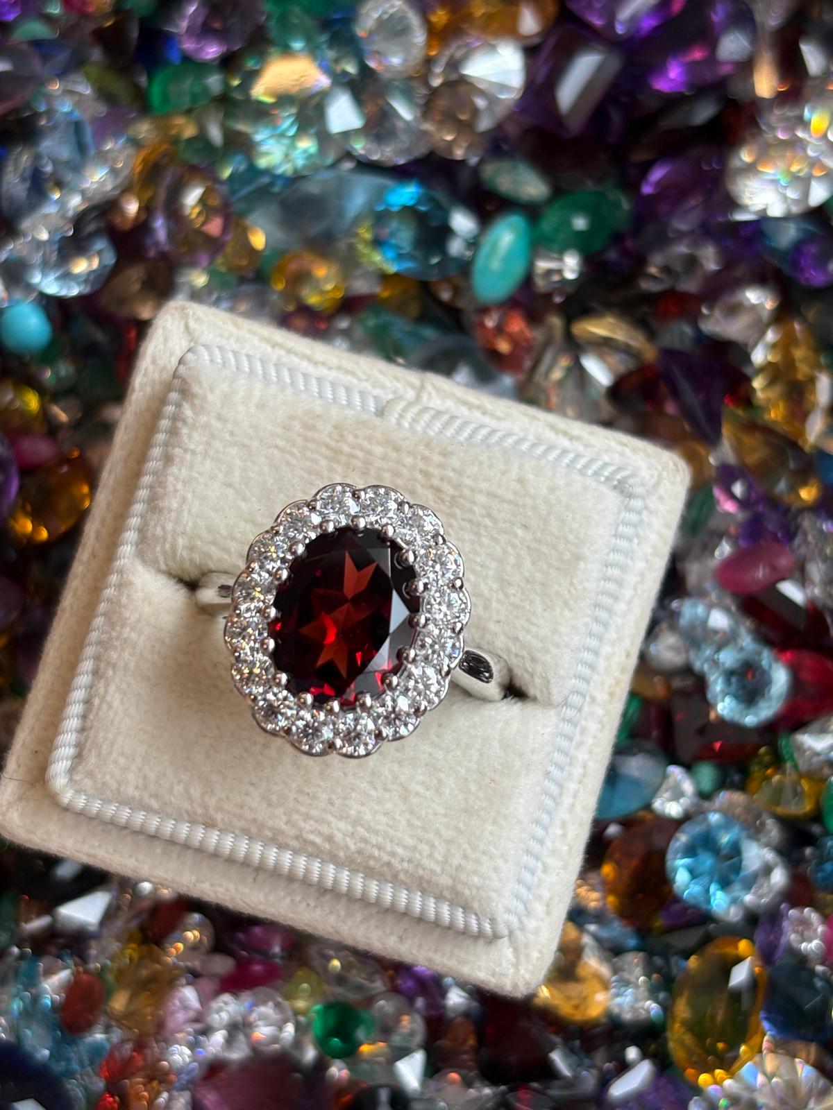 4.50 CTW Oval Cut Garnet and Moissanite Halo Cocktail Ring