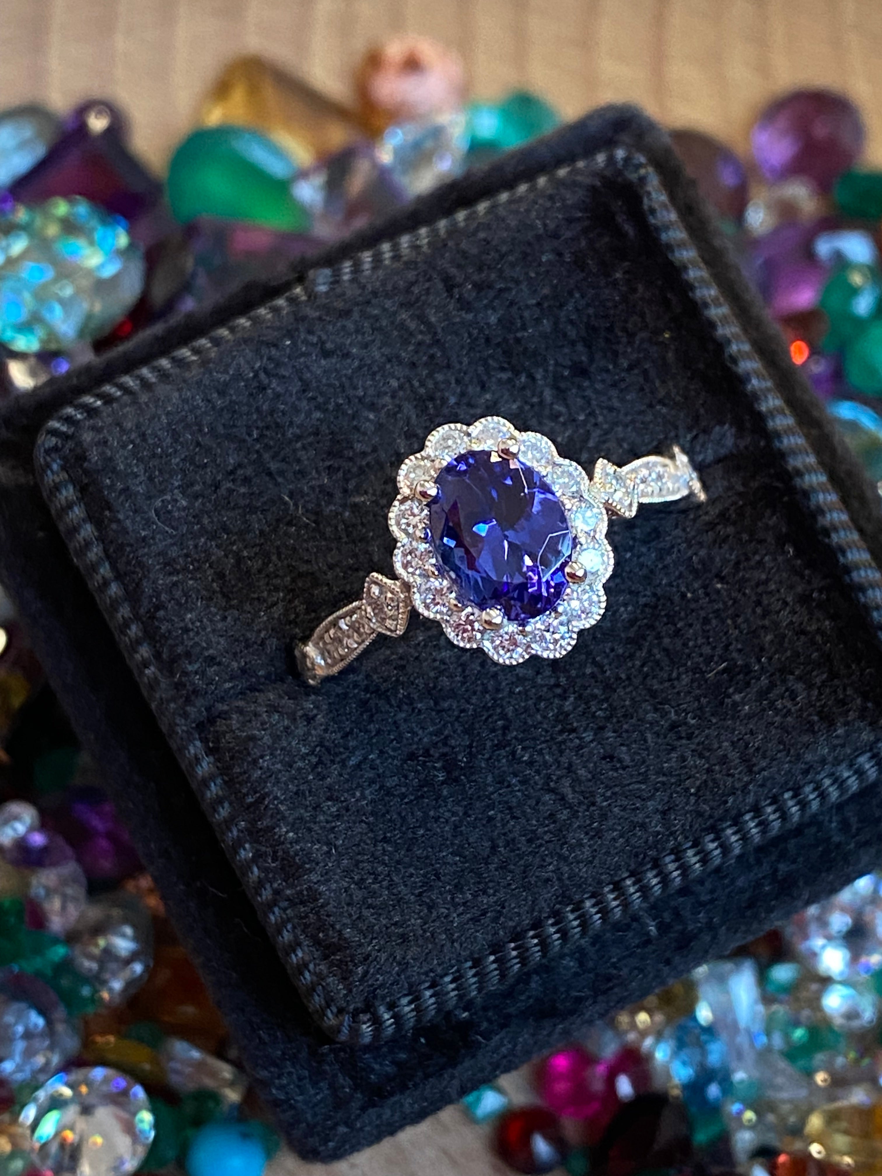 1.44 CTW Tanzanite and Natural Diamond Halo Ring in Platinum
