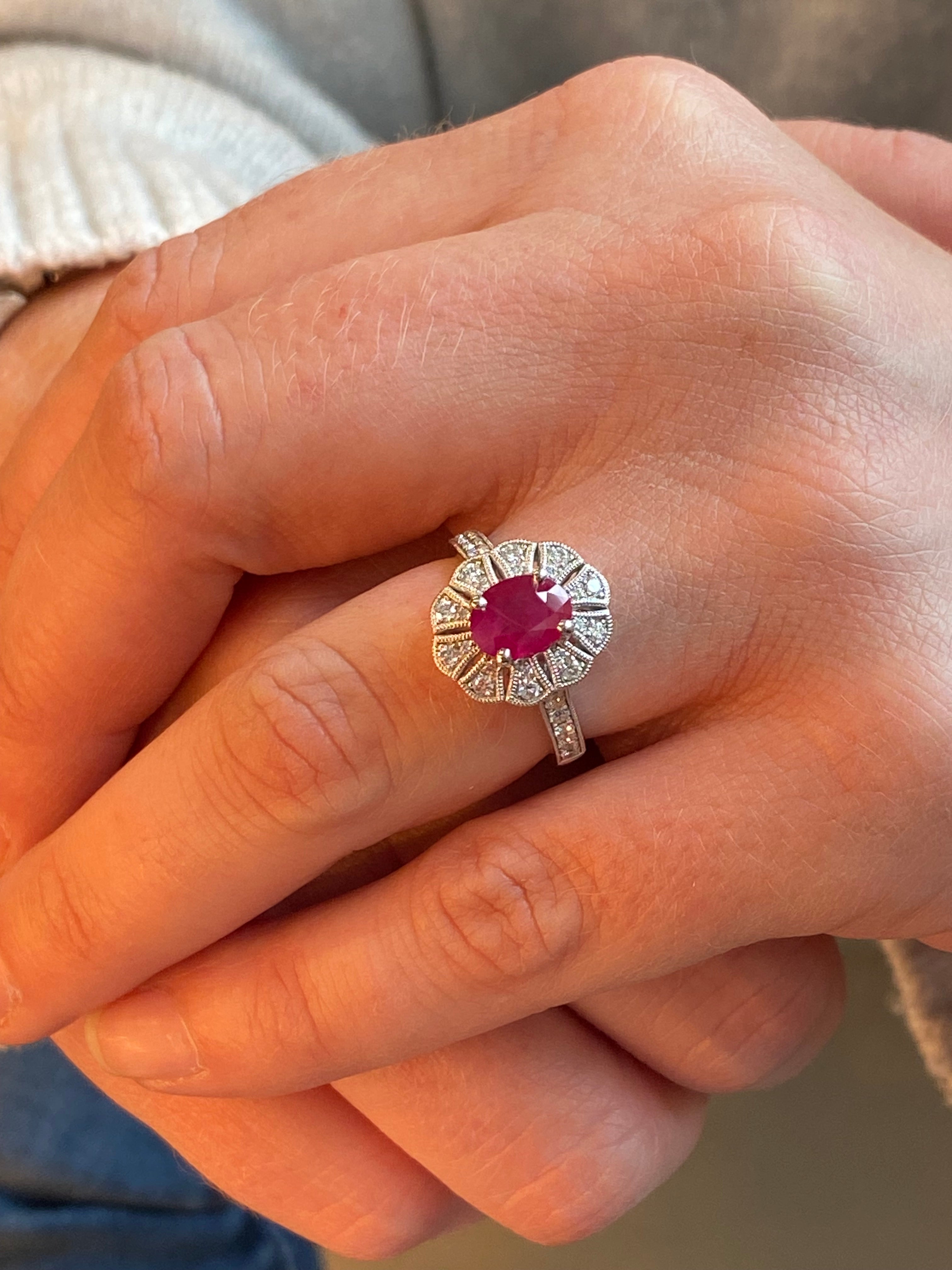 1.71 CTW Oval Cut Ruby and Diamond Art Deco Style Ring in Platinum