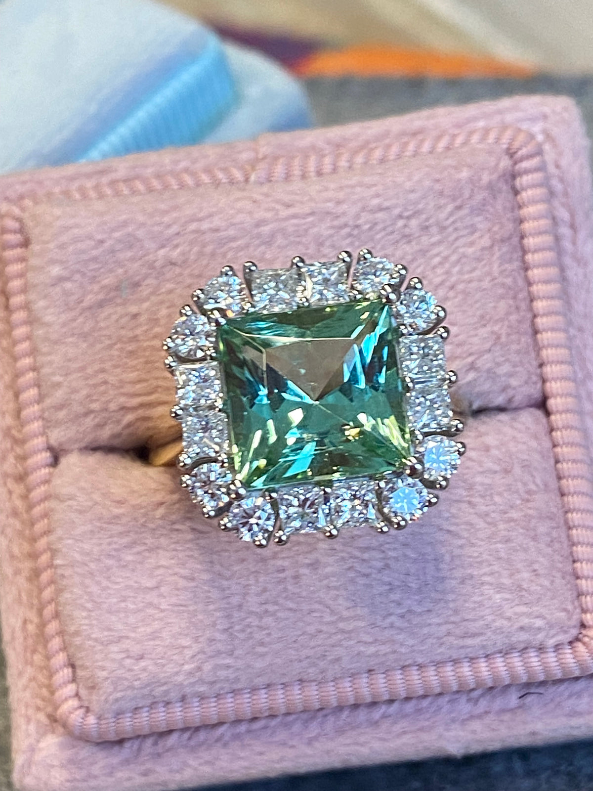 4.73 CTW Princess Cut Mint Tourmaline and Natural Diamond Ring in Platinum and 18ct Yellow Gold