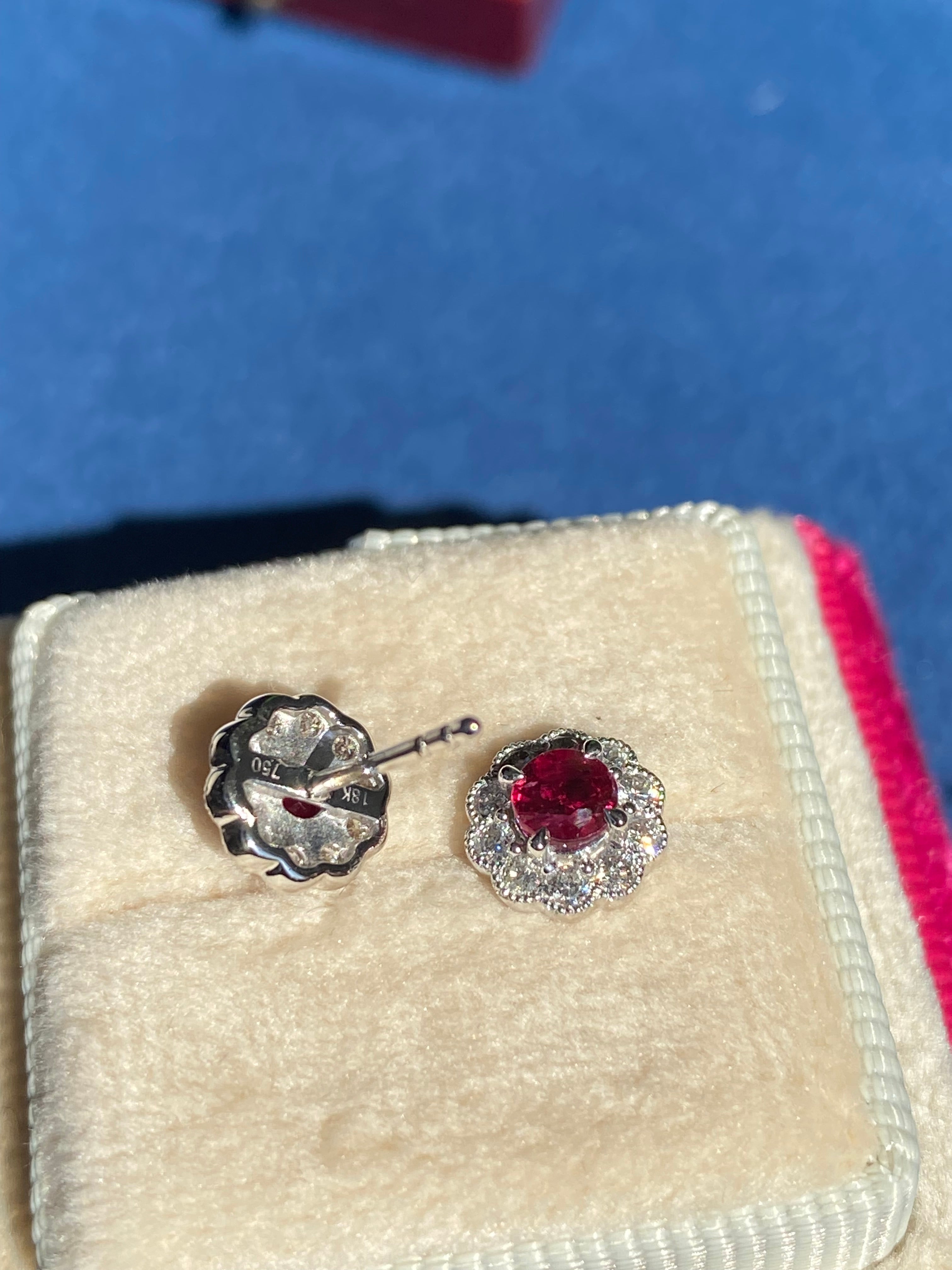 0.97 CTW Ruby and Natural Diamond Stud Earrings in 18ct White Gold