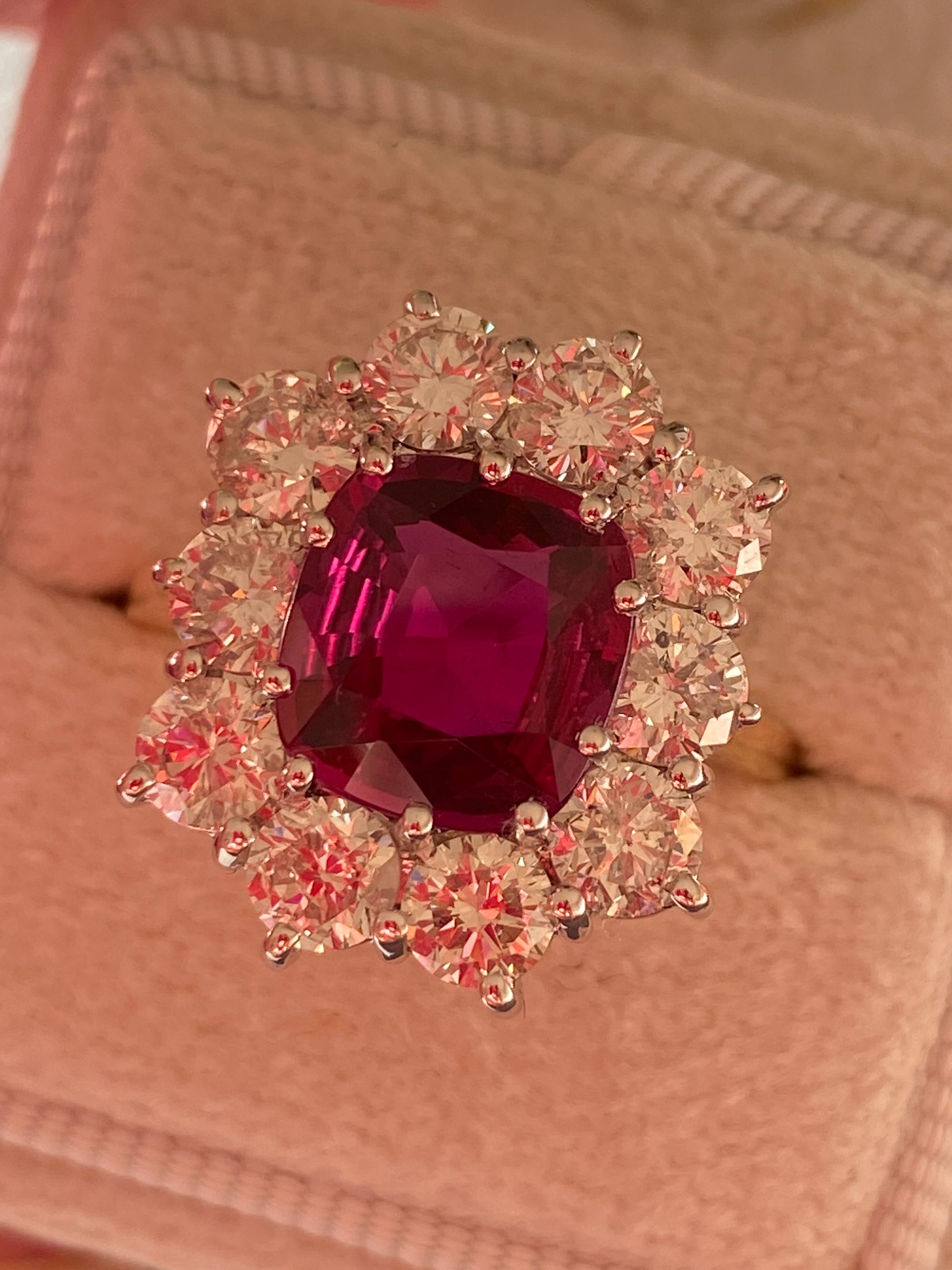 5.04 CTW No Heat Ruby and Natural Diamond Halo Ring in 18ct Yellow Gold