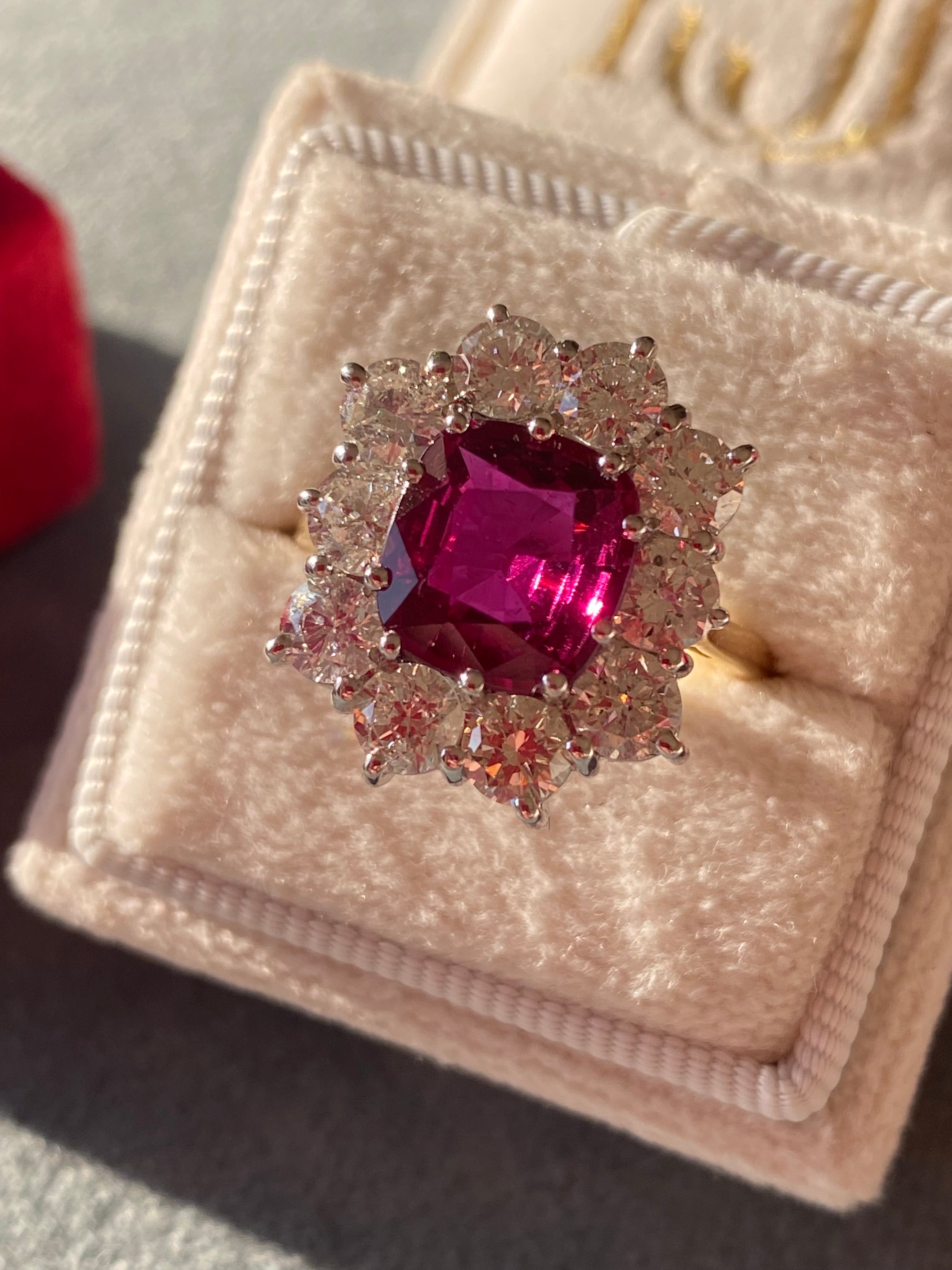 5.04 CTW No Heat Ruby and Natural Diamond Halo Ring in 18ct Yellow Gold