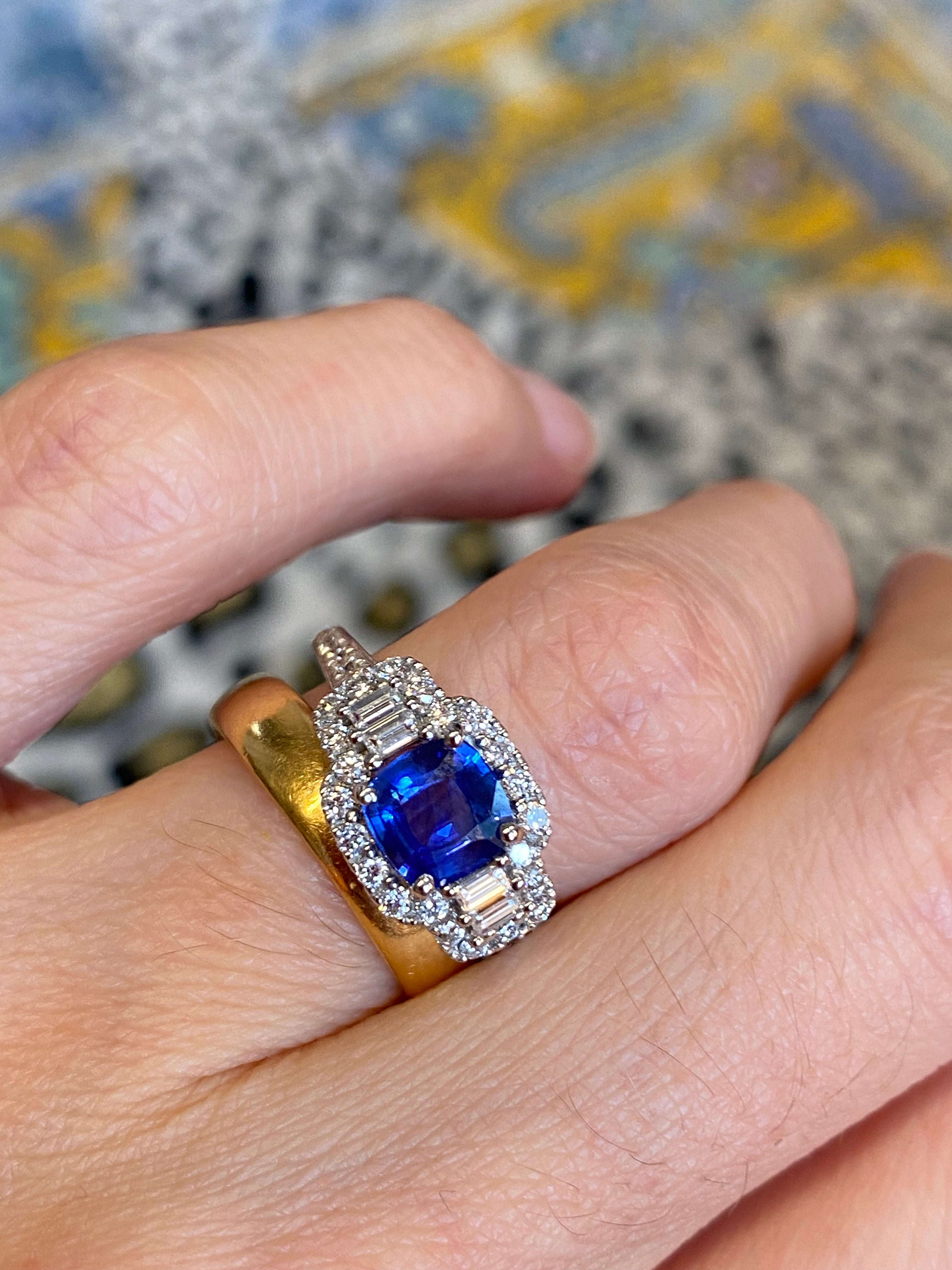1.83 CTW Blue Ceylon Sapphire and Natural Diamond Three Stone Engagement Ring in Platinum