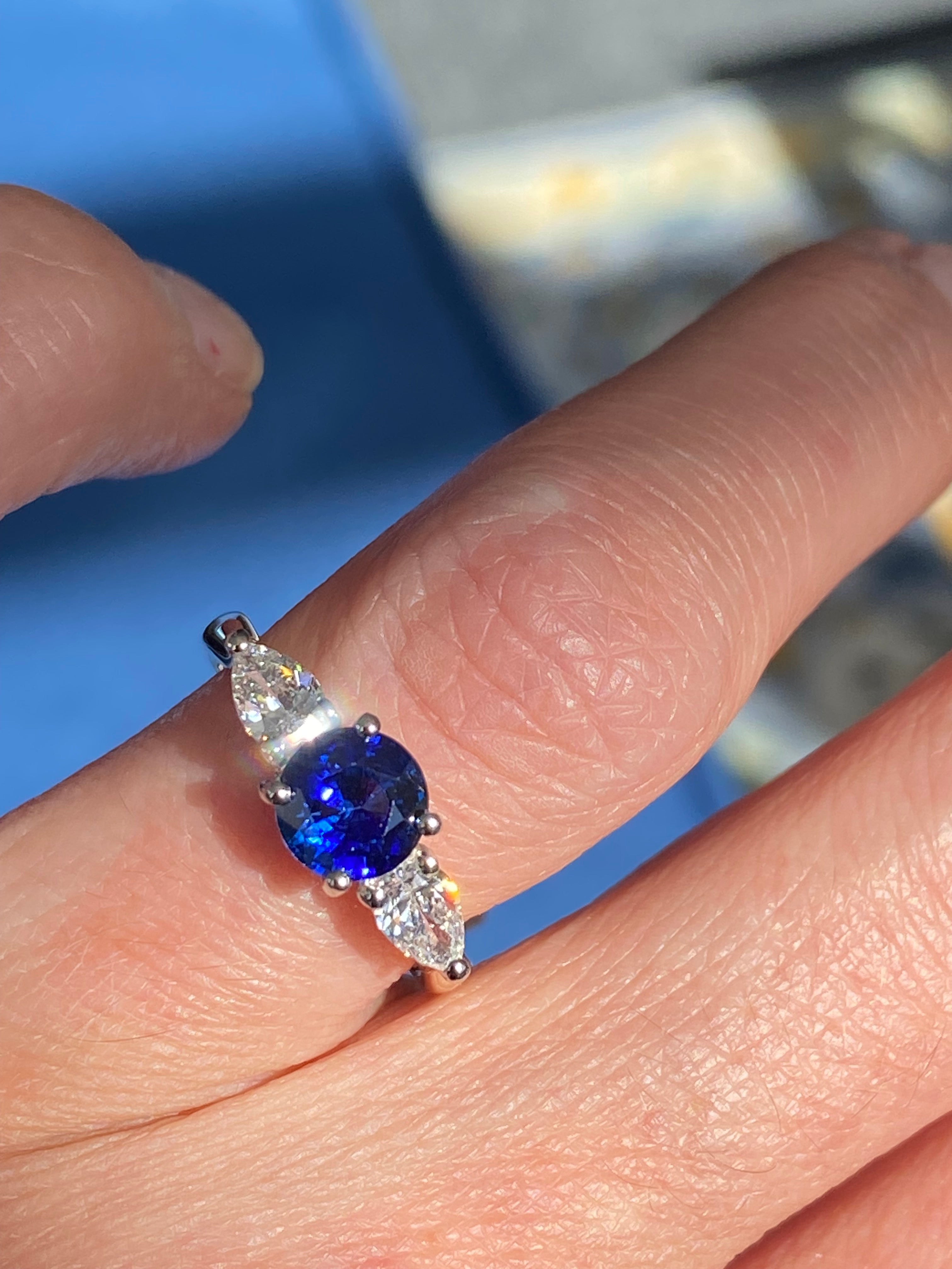 1.52 CTW Blue Ceylon Sapphire and Natural Diamond Three Stone Engagement Ring in Platinum and 18ct Yellow Gold