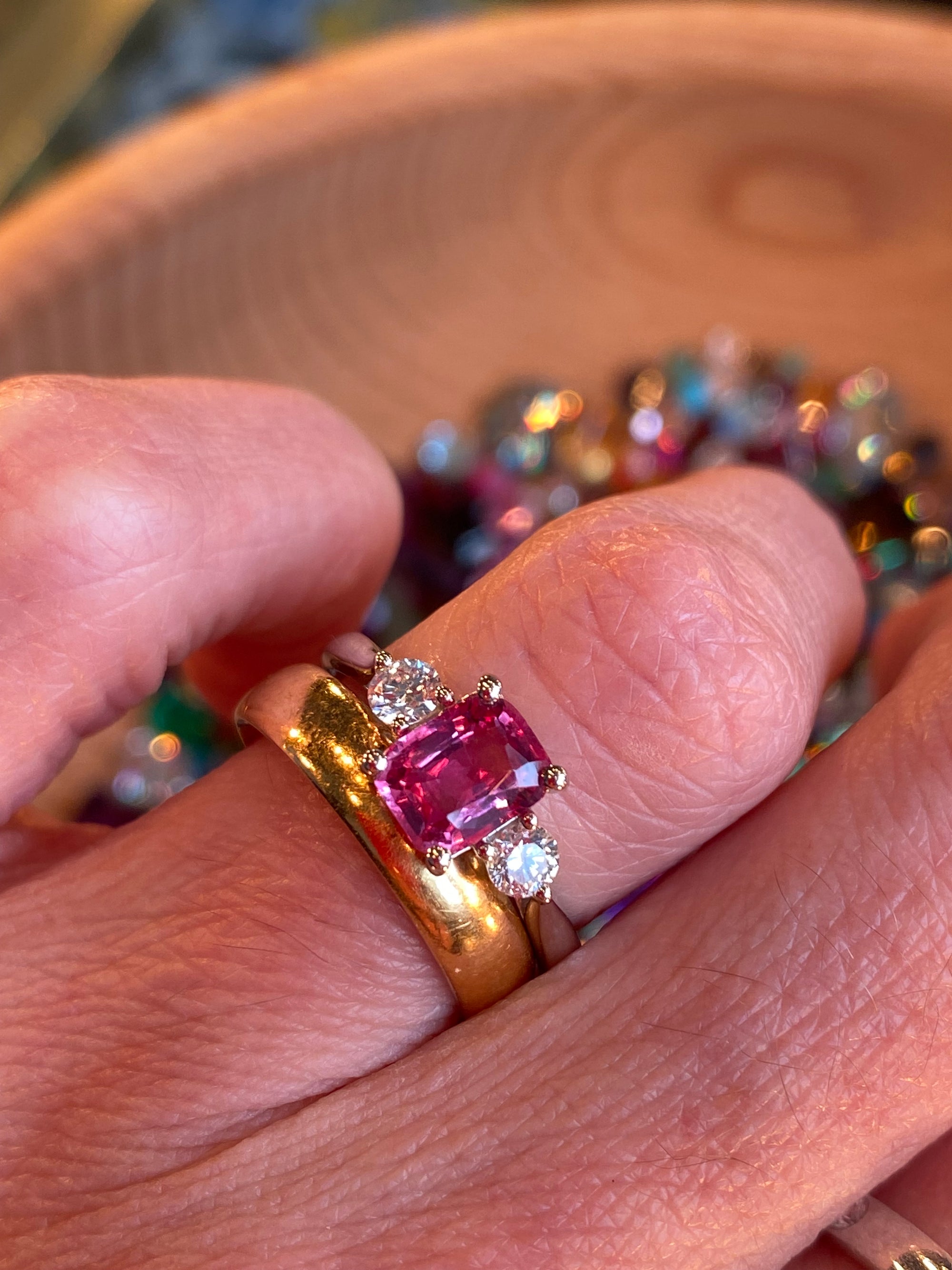 1.52 CTW Cushion Cut Ruby and Natural Diamond Three-Stone Engagement Ring in Platinum