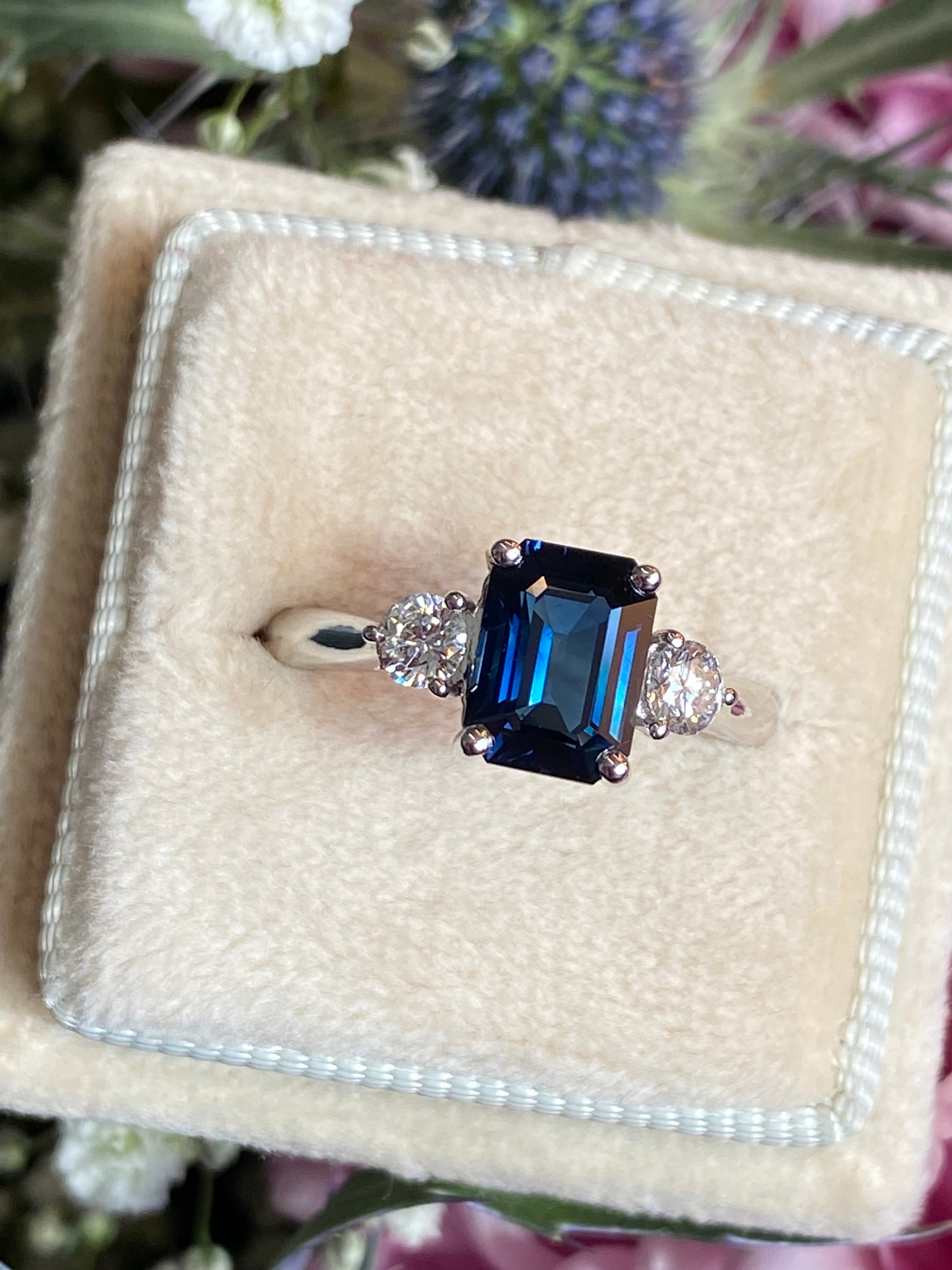 2.04 Carat Teal Sapphire and 0.29 CTW Natural Diamond Three Stone Ring in Platinum