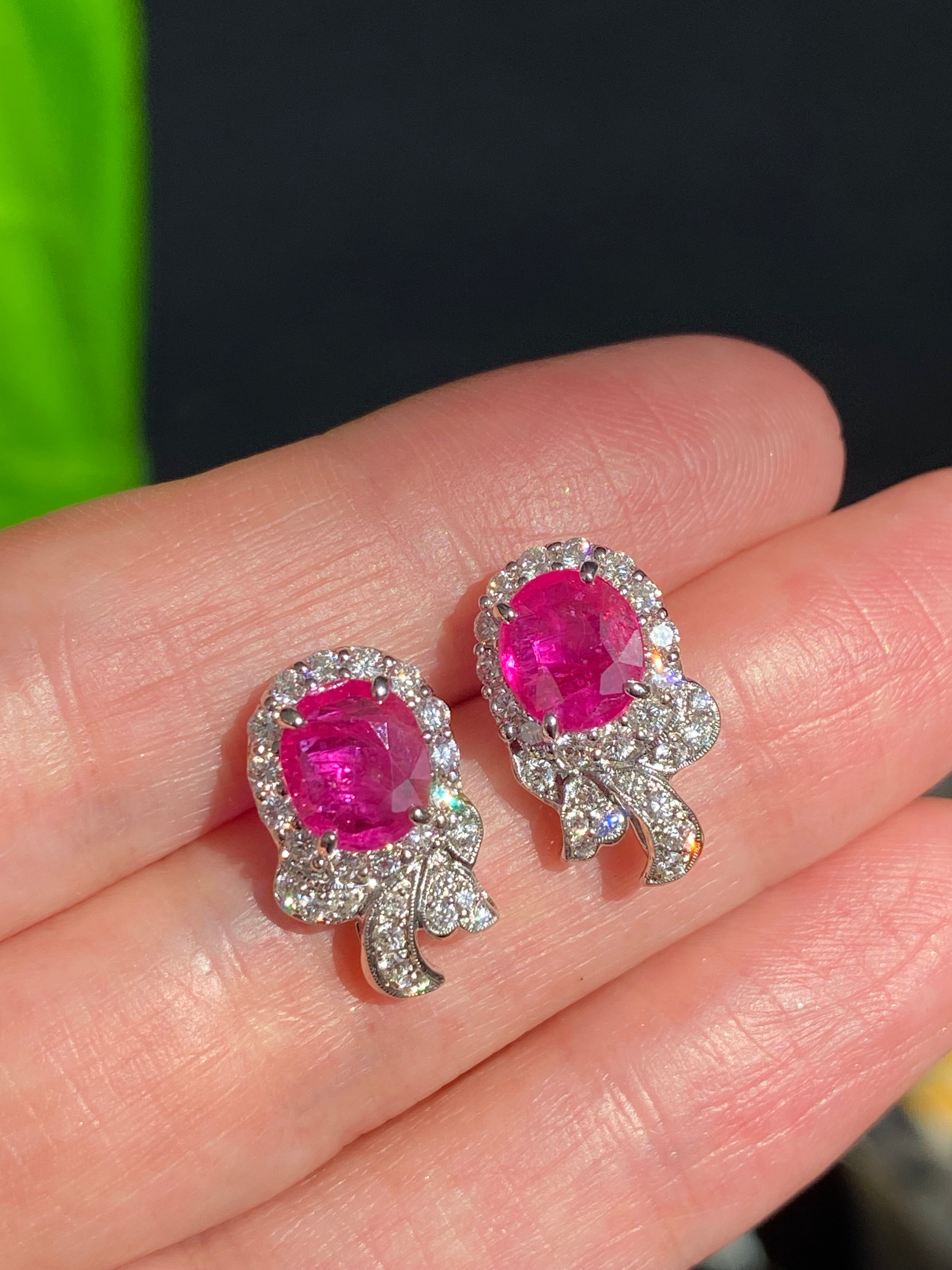 3.98 CTW Vintage Burmese Ruby Stud Earrings in 18ct White Gold