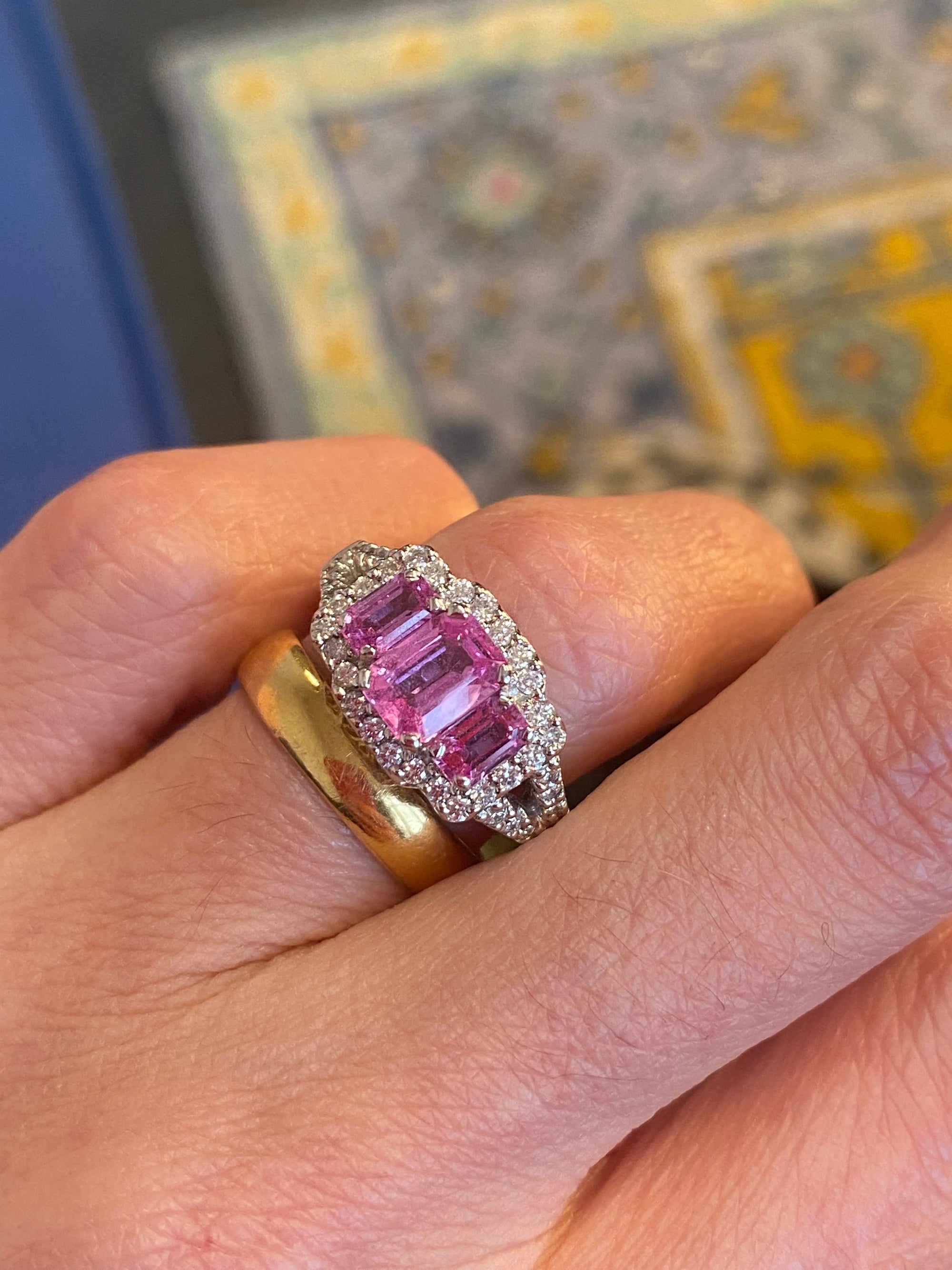3.50 CTW Pink Sapphire and Natural Diamond Three Stone Ring Set in 18ct White Gold